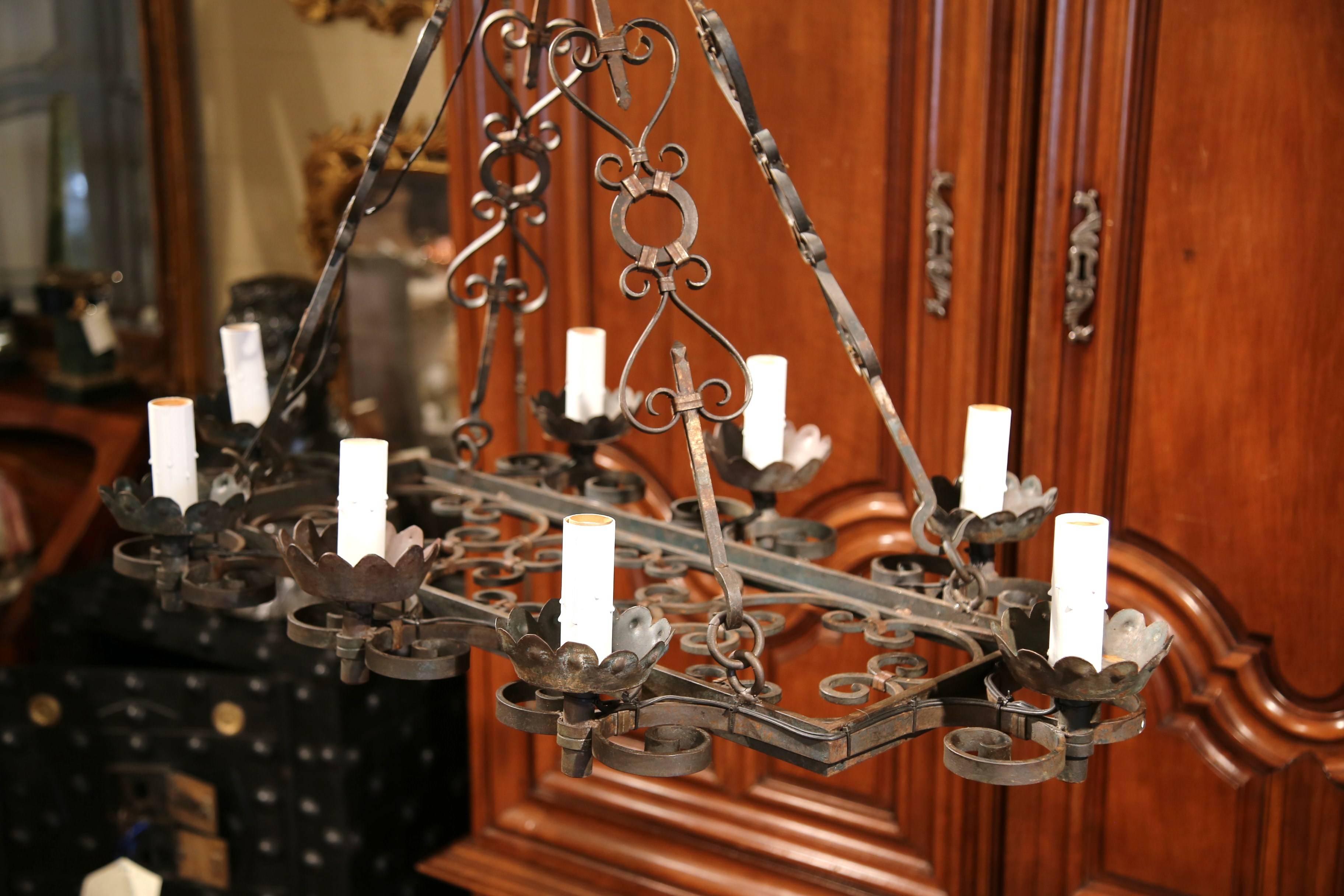 19th Century French Eight-Light Iron Verdigris Chandelier with Gilt Accents 6
