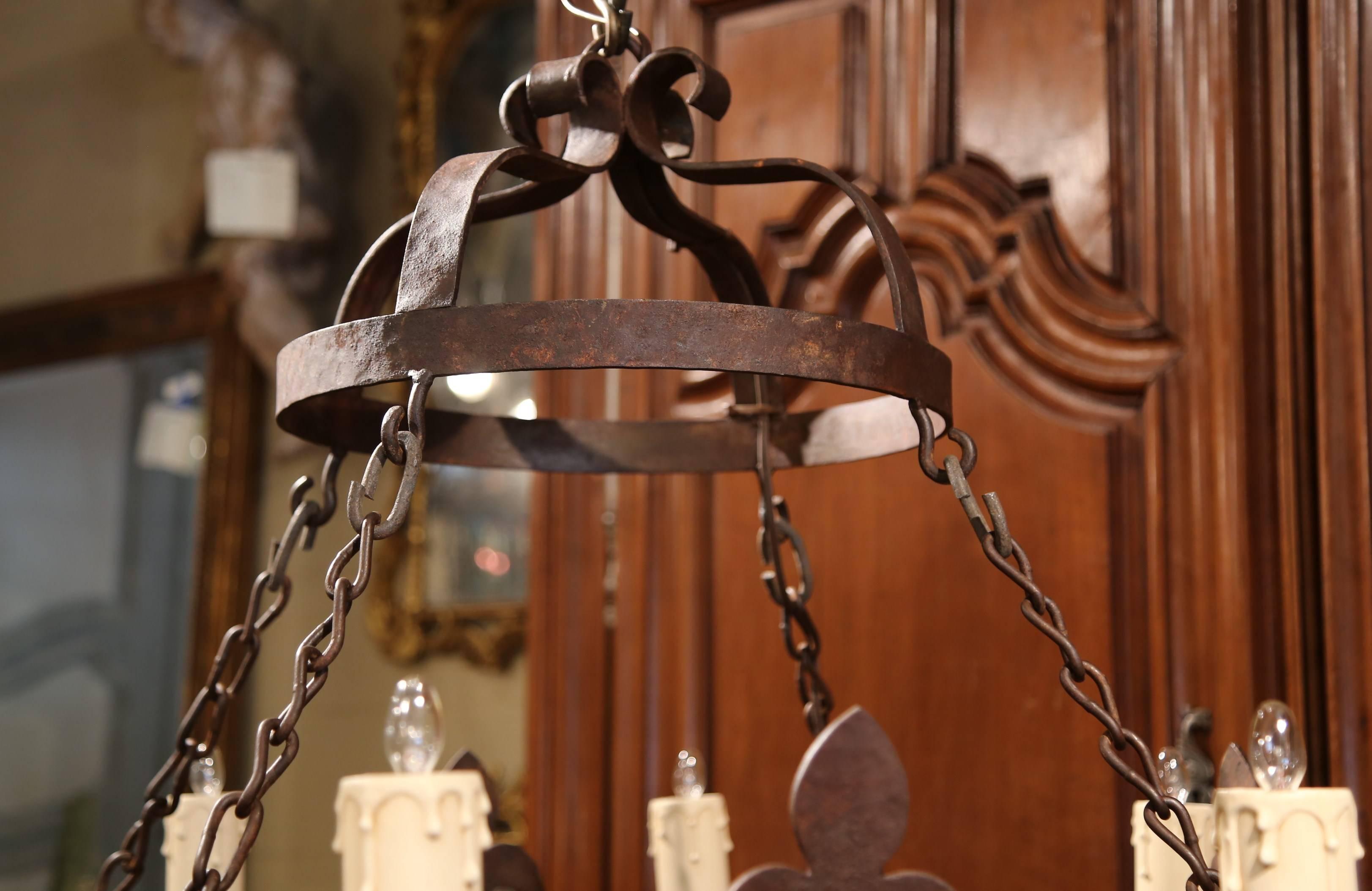 Gothic 19th Century French Eight-Light Wrought Iron Chandelier with Fleur-De-Lys