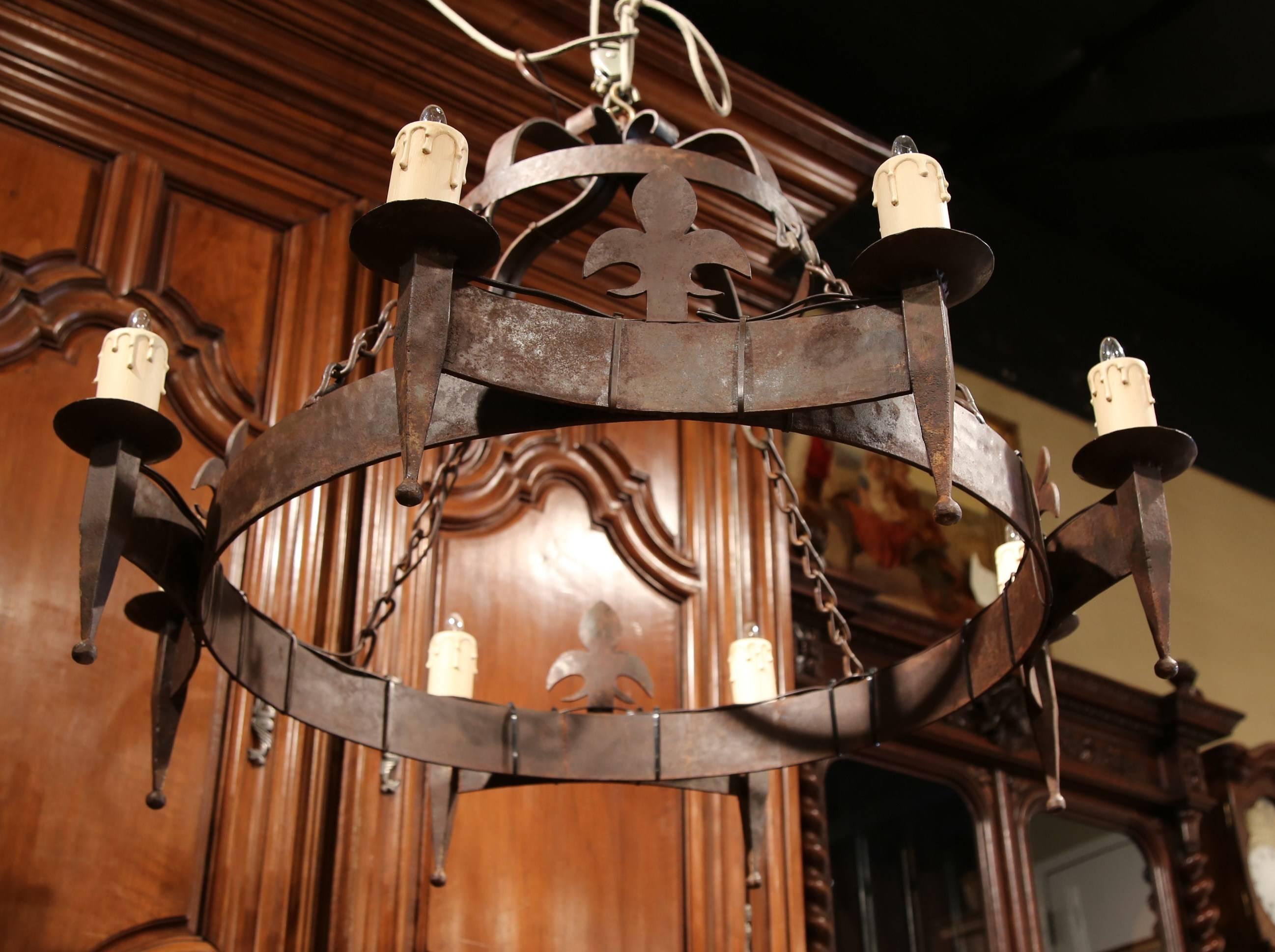 19th Century French Eight-Light Wrought Iron Chandelier with Fleur-De-Lys In Excellent Condition In Dallas, TX