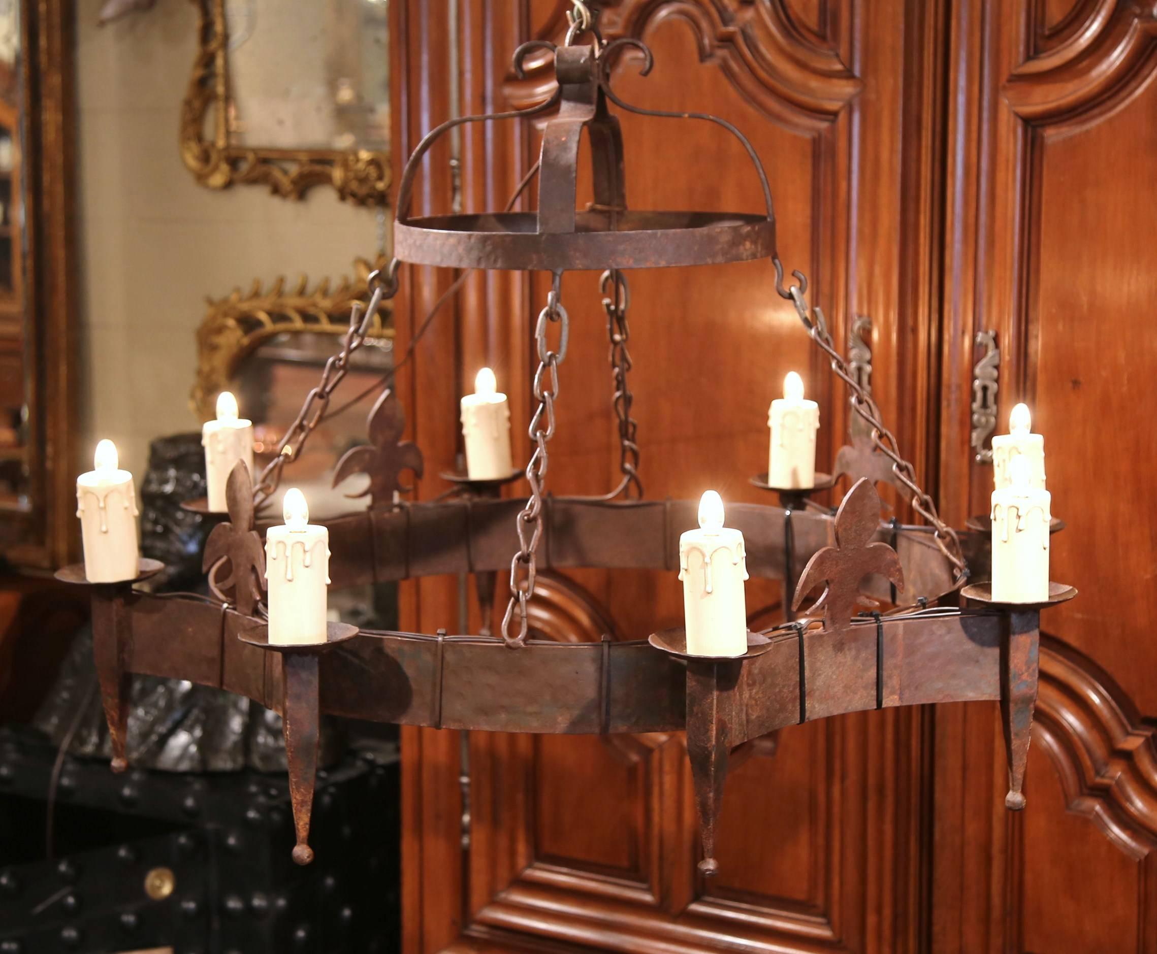 19th Century French Eight-Light Wrought Iron Chandelier with Fleur-De-Lys 1