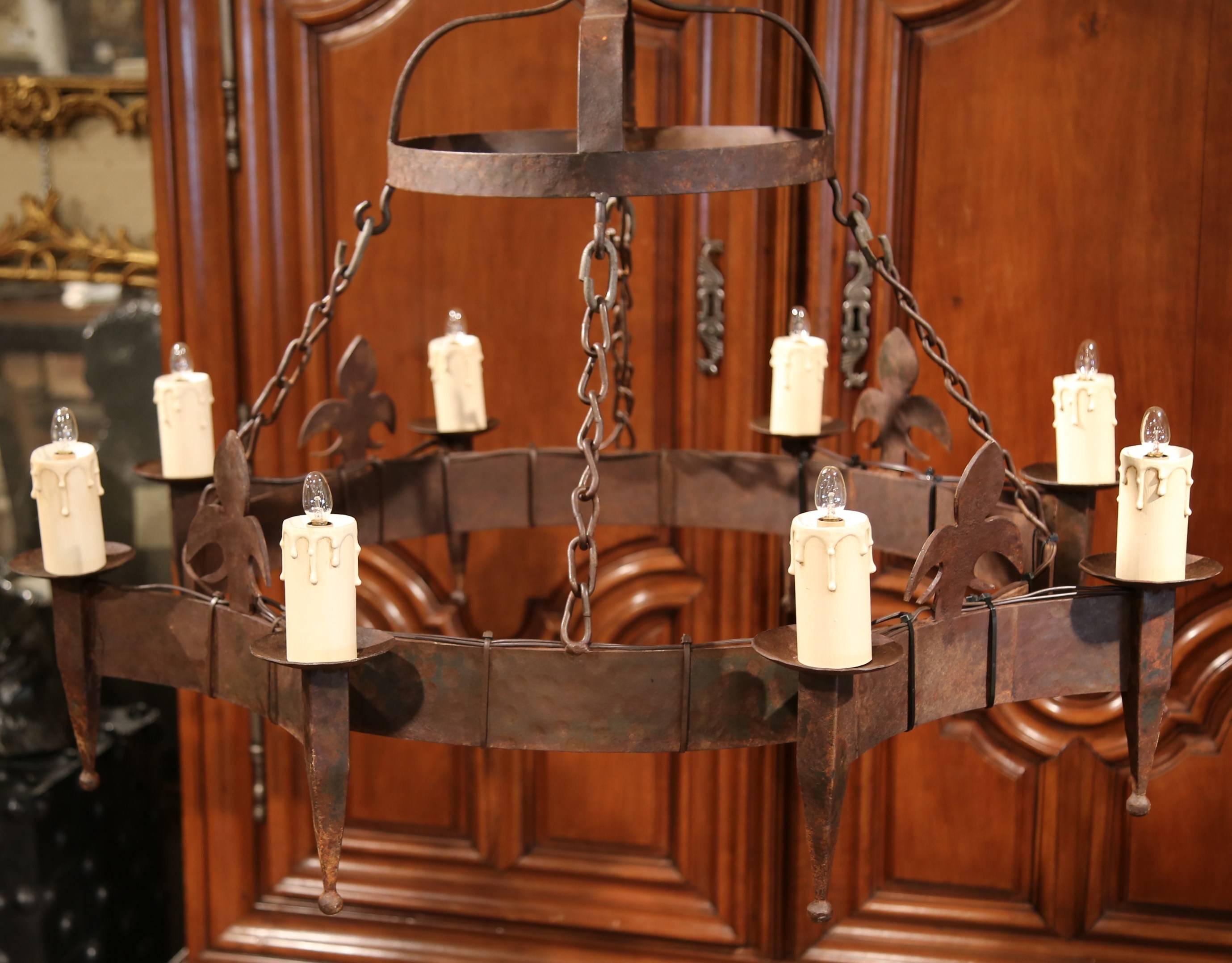 19th Century French Eight-Light Wrought Iron Chandelier with Fleur-De-Lys 4