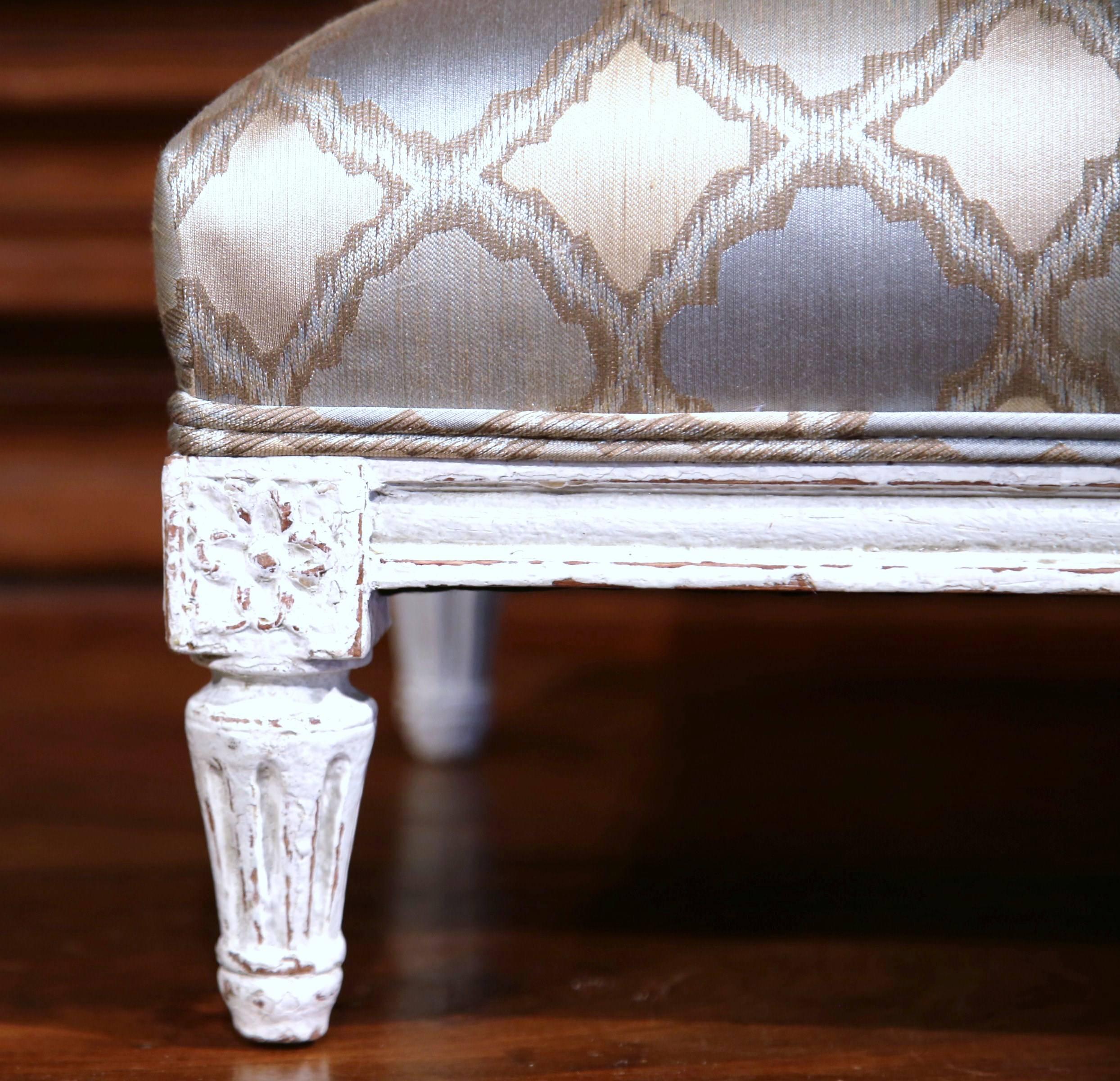 Hand-Carved 19th Century French Louis XVI Carved Painted Footstool with Silk Fabric