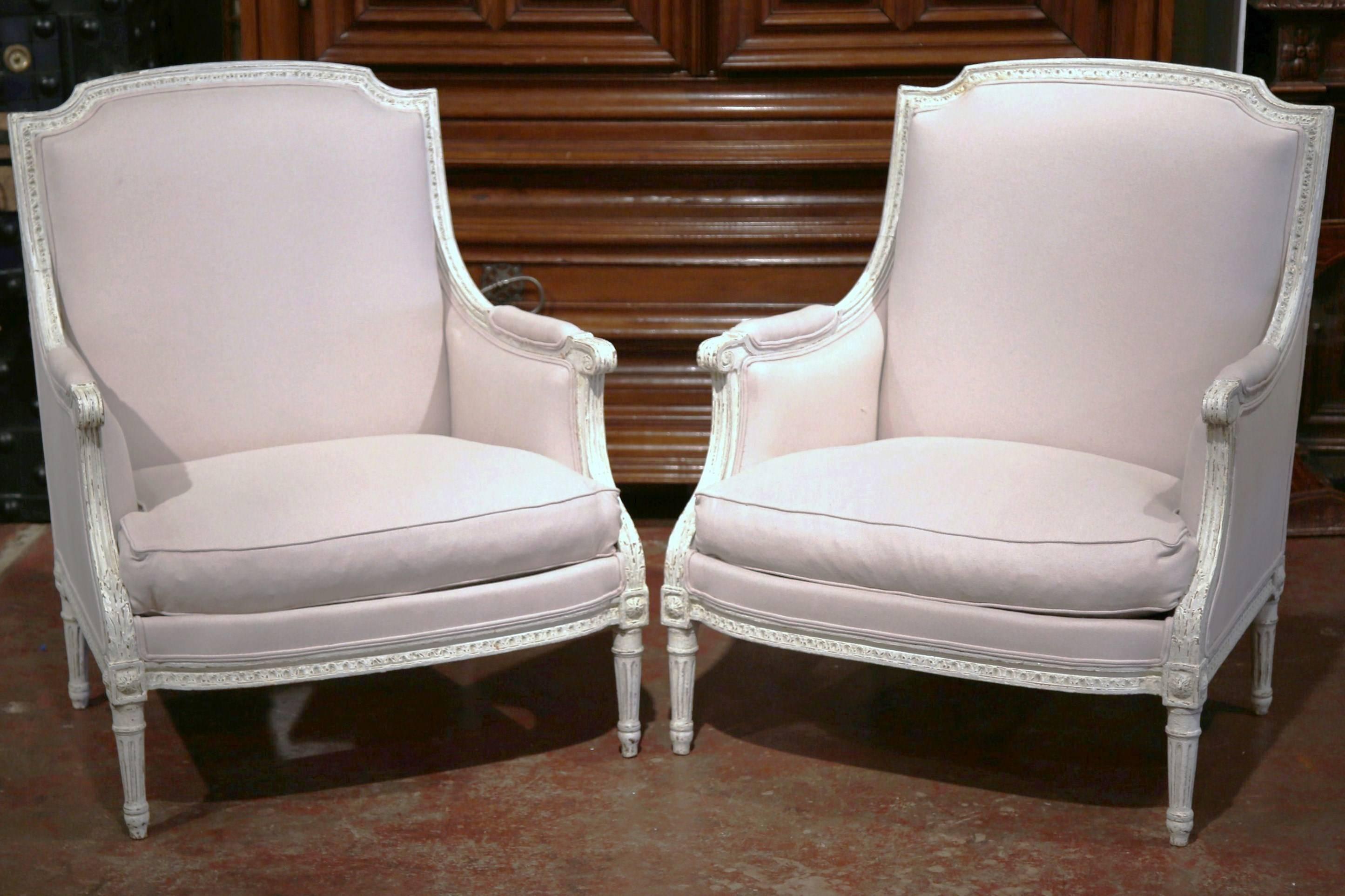 Pair of 19th Century French Louis XVI Carved Painted Armchairs with Beige Fabric 2
