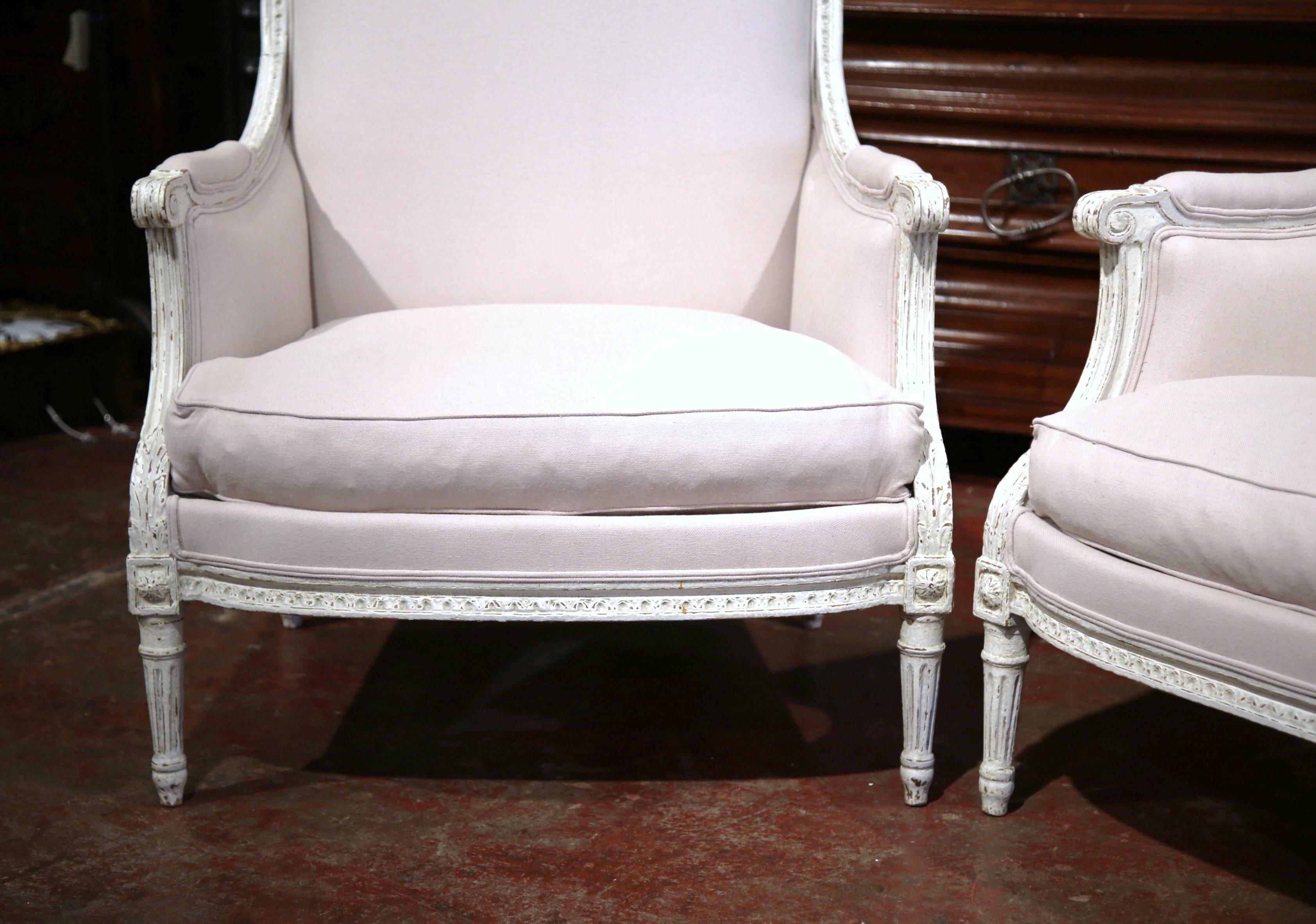 Pair of 19th Century French Louis XVI Carved Painted Armchairs with Beige Fabric 4