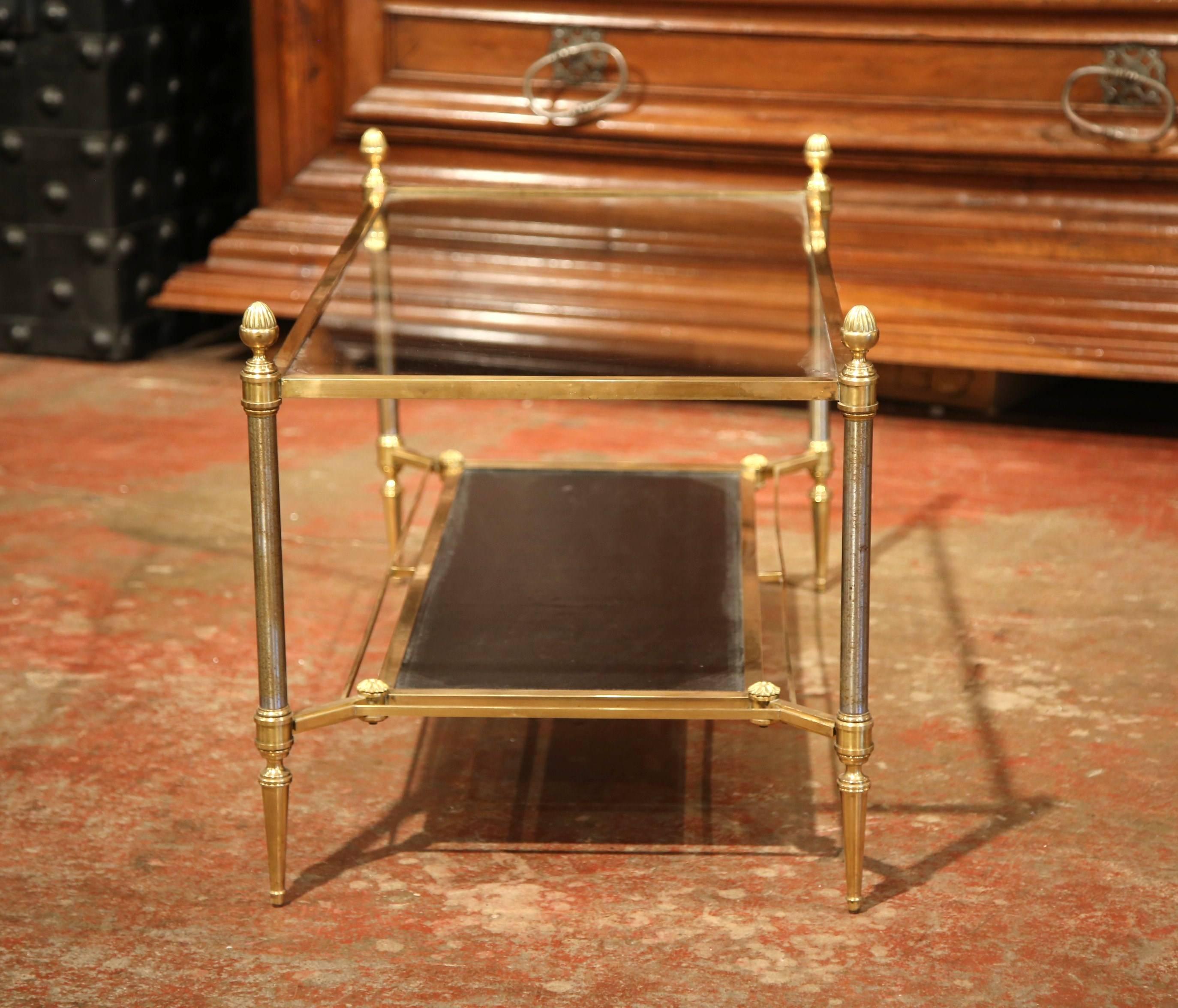 Mid-20th Century French Brass Steel and Leather Coffee Table from Maison Jansen 1