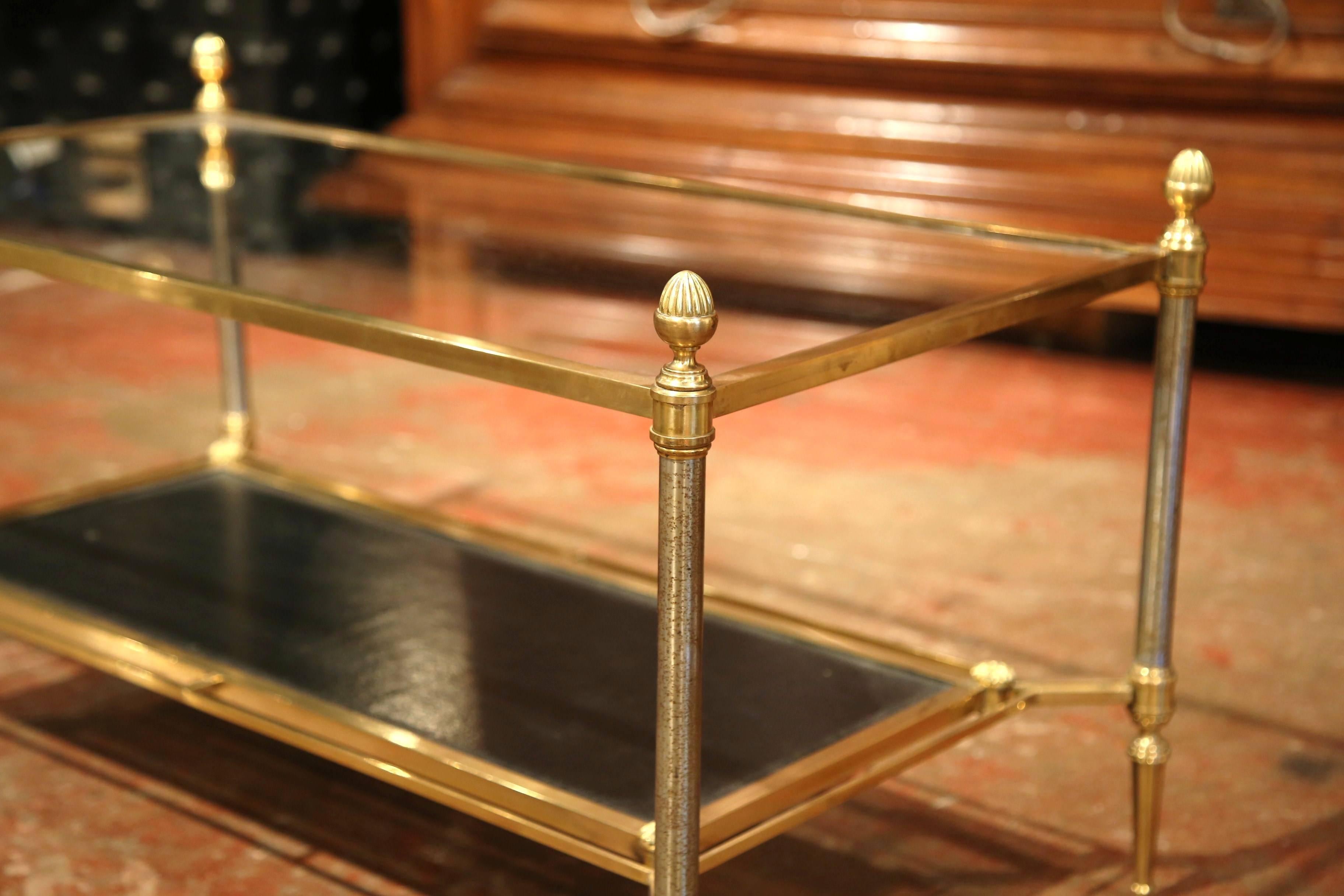 Mid-20th Century French Brass Steel and Leather Coffee Table from Maison Jansen In Excellent Condition In Dallas, TX