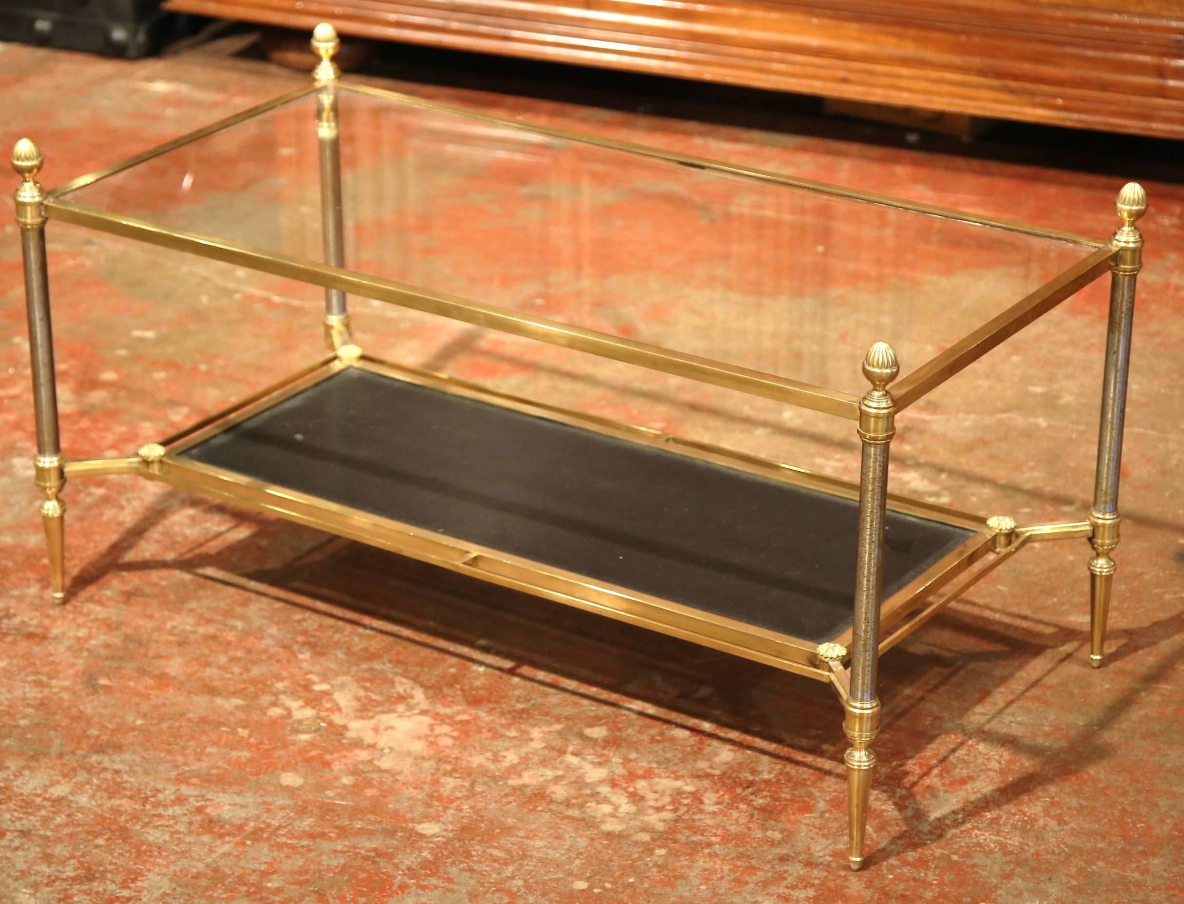 Hand-Crafted Mid-20th Century French Brass Steel and Leather Coffee Table from Maison Jansen