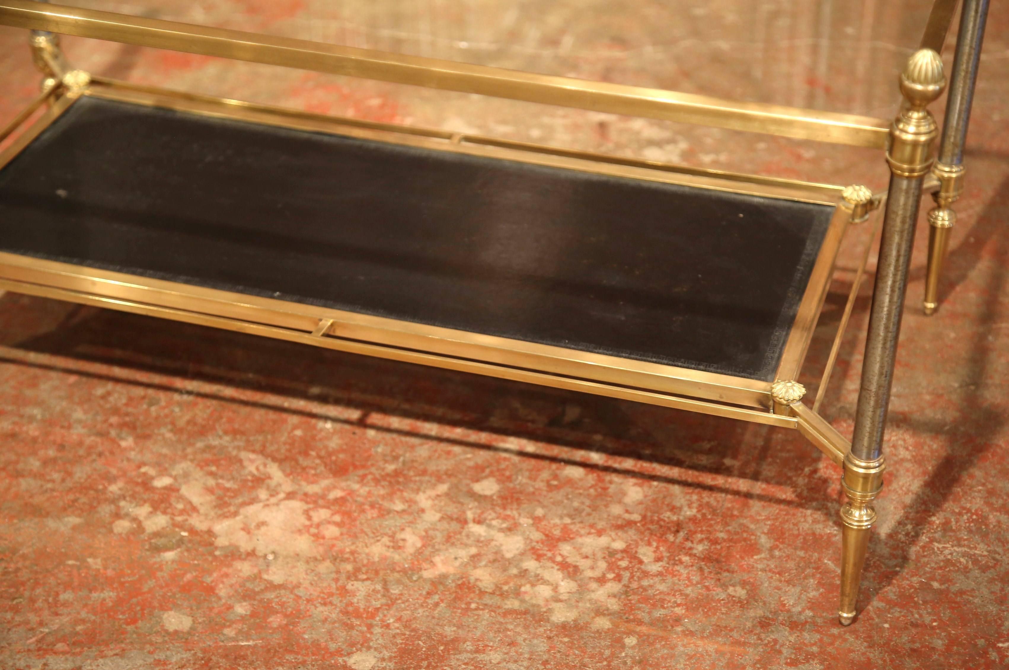 Directoire Mid-20th Century French Brass Steel and Leather Coffee Table from Maison Jansen