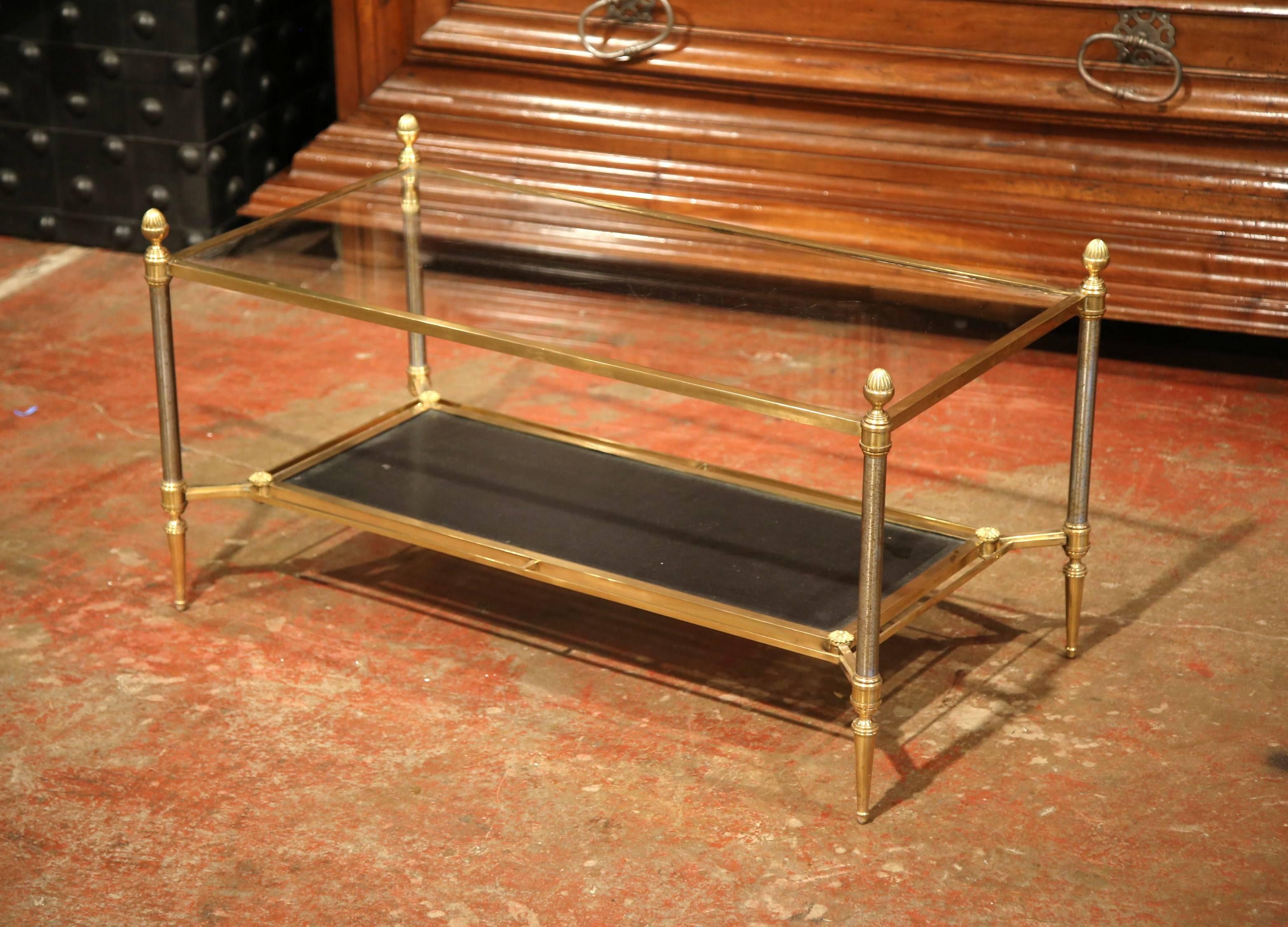 Mid-20th Century French Brass Steel and Leather Coffee Table from Maison Jansen 2