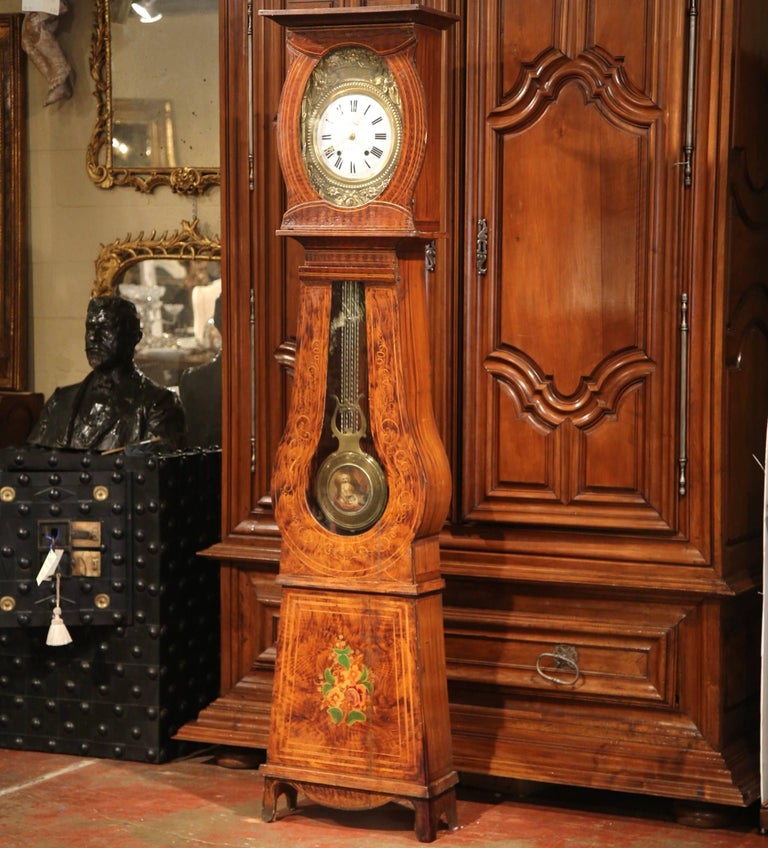 19th Century French Carved Painted Pine Comtoise Grandfather Clock from Normandy For Sale at 1stdibs