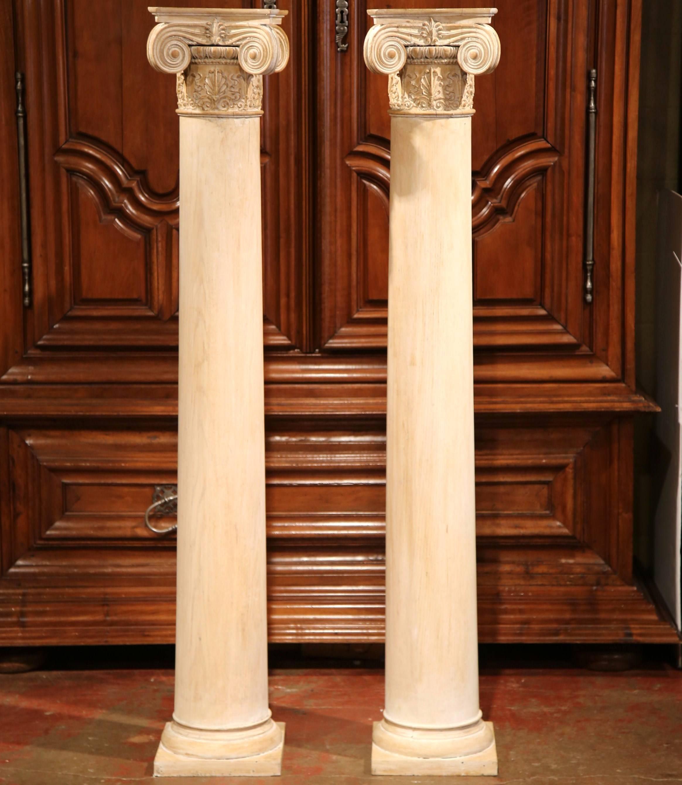 Tall Pair of 19th Century French Carved Painted Light Oak Columns In Excellent Condition In Dallas, TX