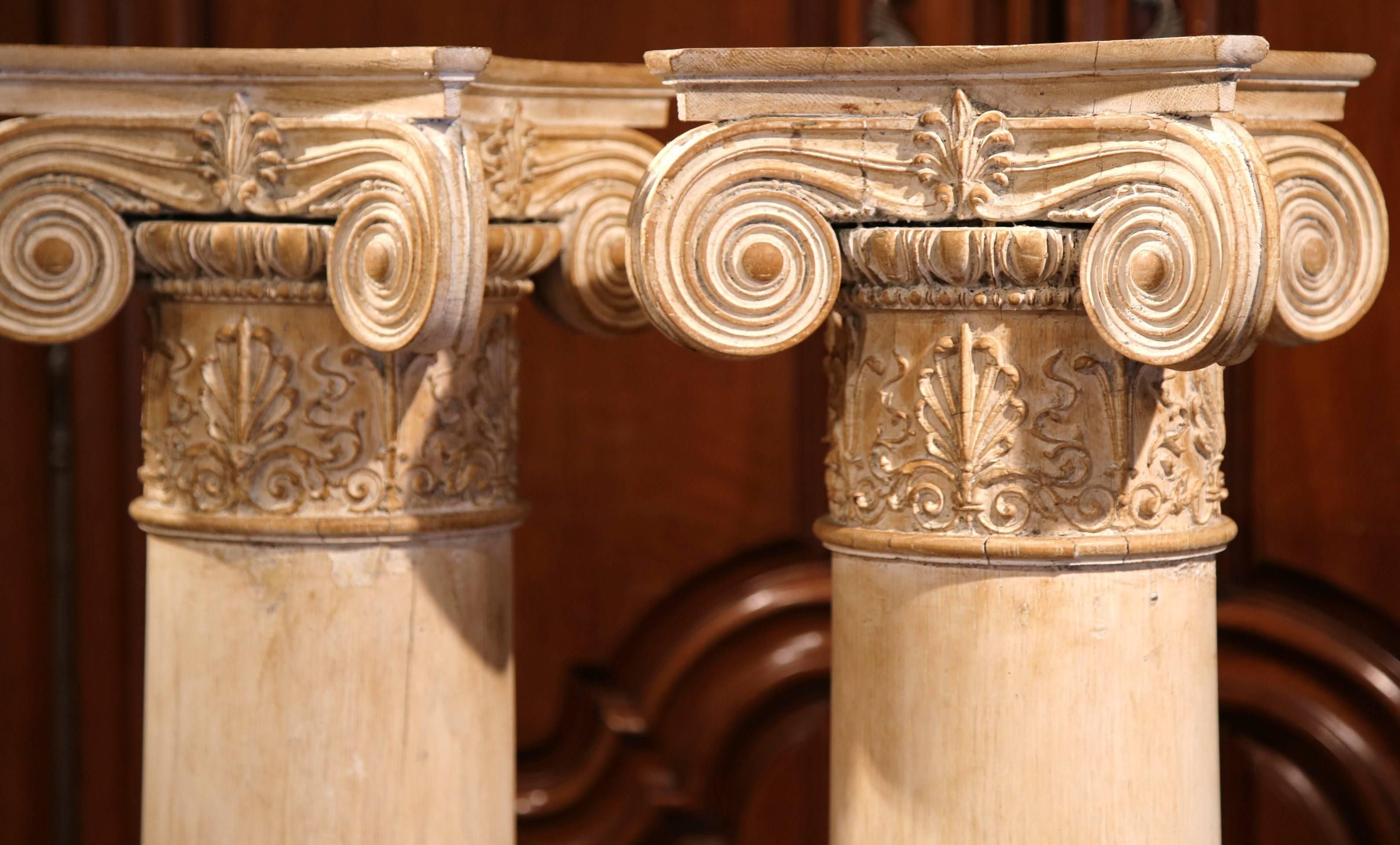 Tall Pair of 19th Century French Carved Painted Light Oak Columns 1