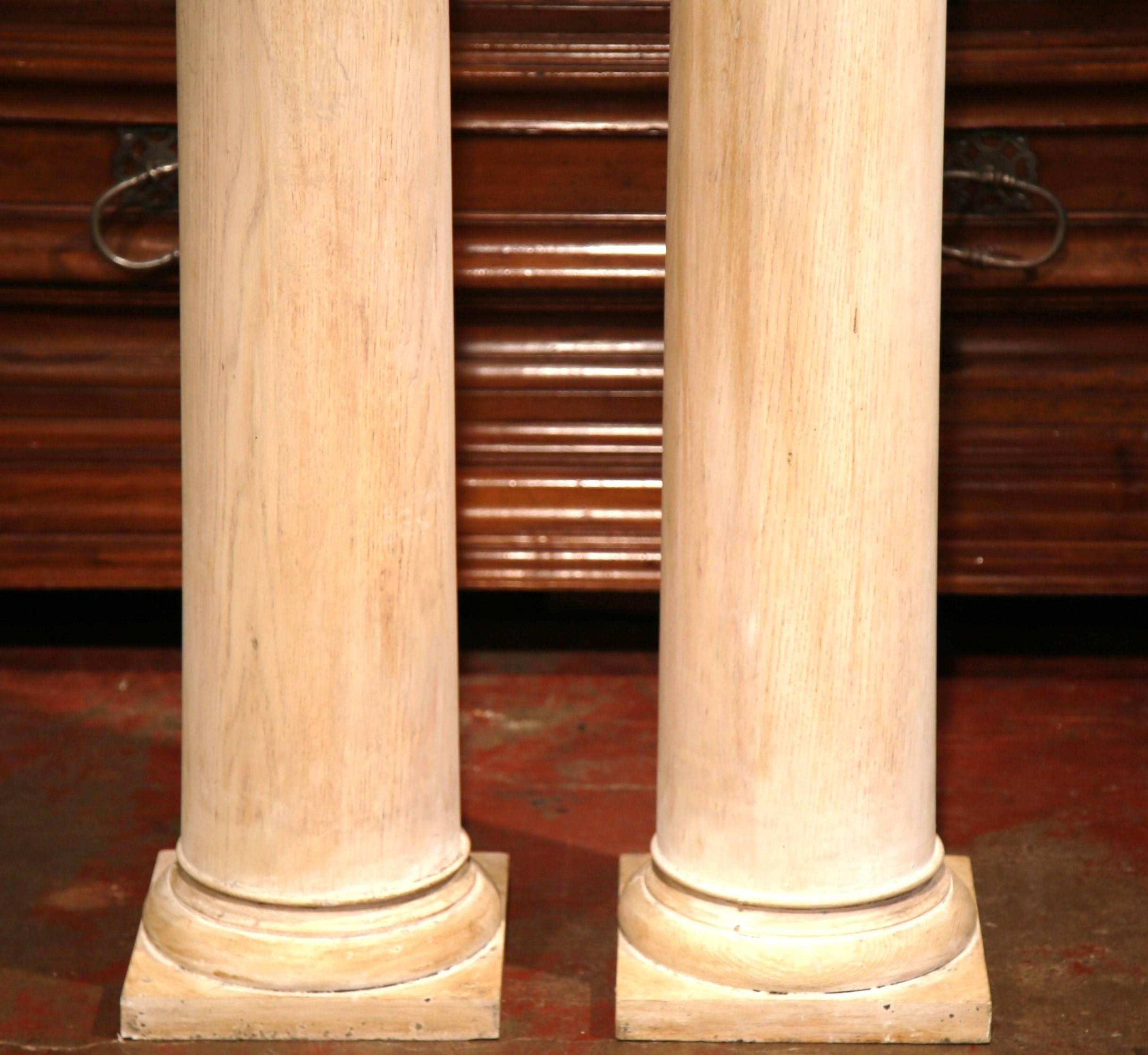 Hand-Carved Tall Pair of 19th Century French Carved Painted Light Oak Columns