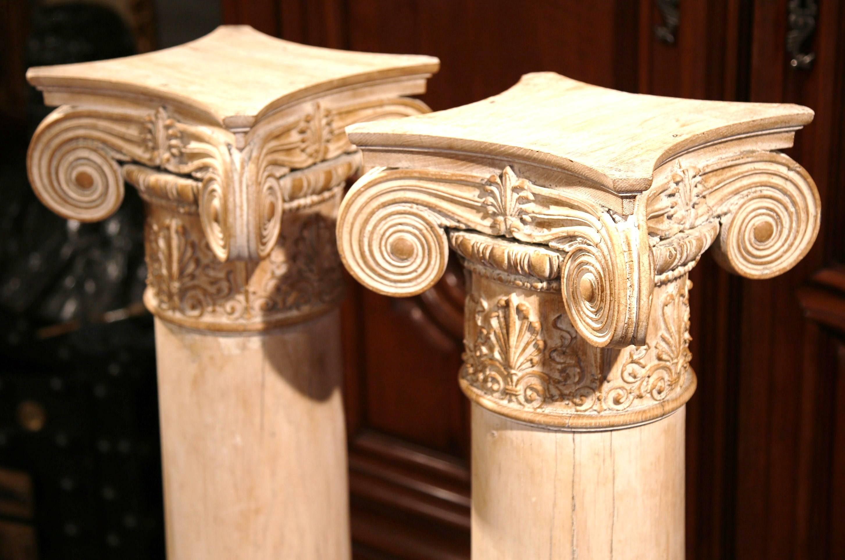 Louis XIV Tall Pair of 19th Century French Carved Painted Light Oak Columns