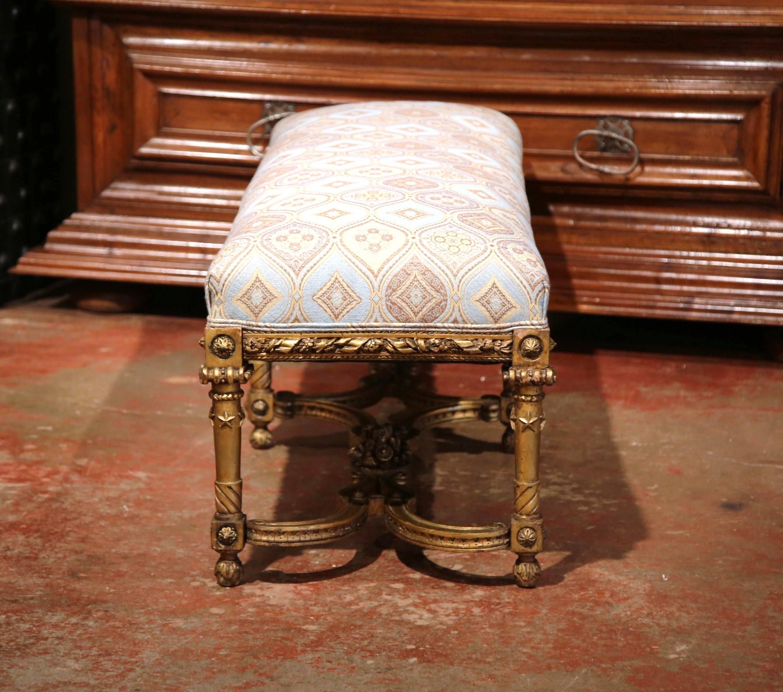 19th Century French Six-Leg Giltwood Bench with Carved Stretcher and New Fabric 2