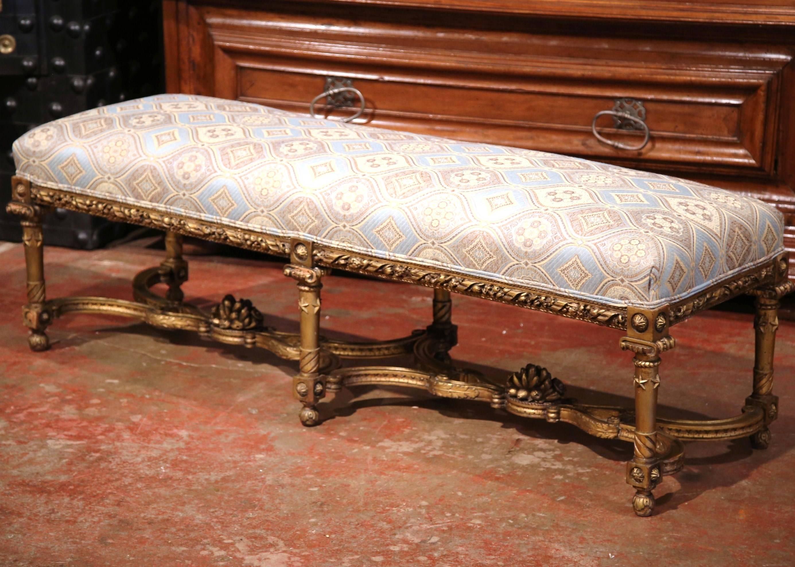 19th Century French Six-Leg Giltwood Bench with Carved Stretcher and New Fabric In Excellent Condition In Dallas, TX