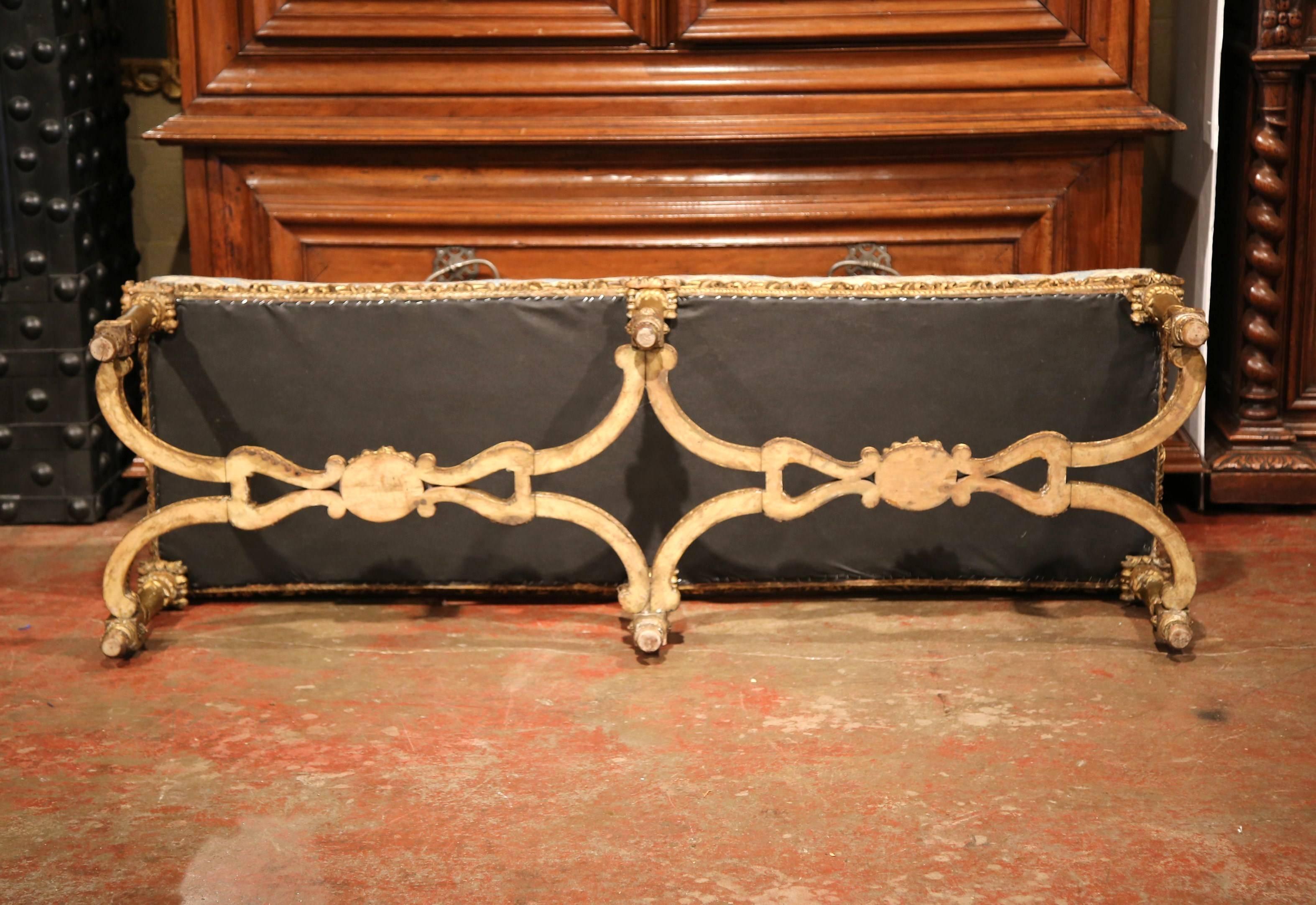 19th Century French Six-Leg Giltwood Bench with Carved Stretcher and New Fabric 5