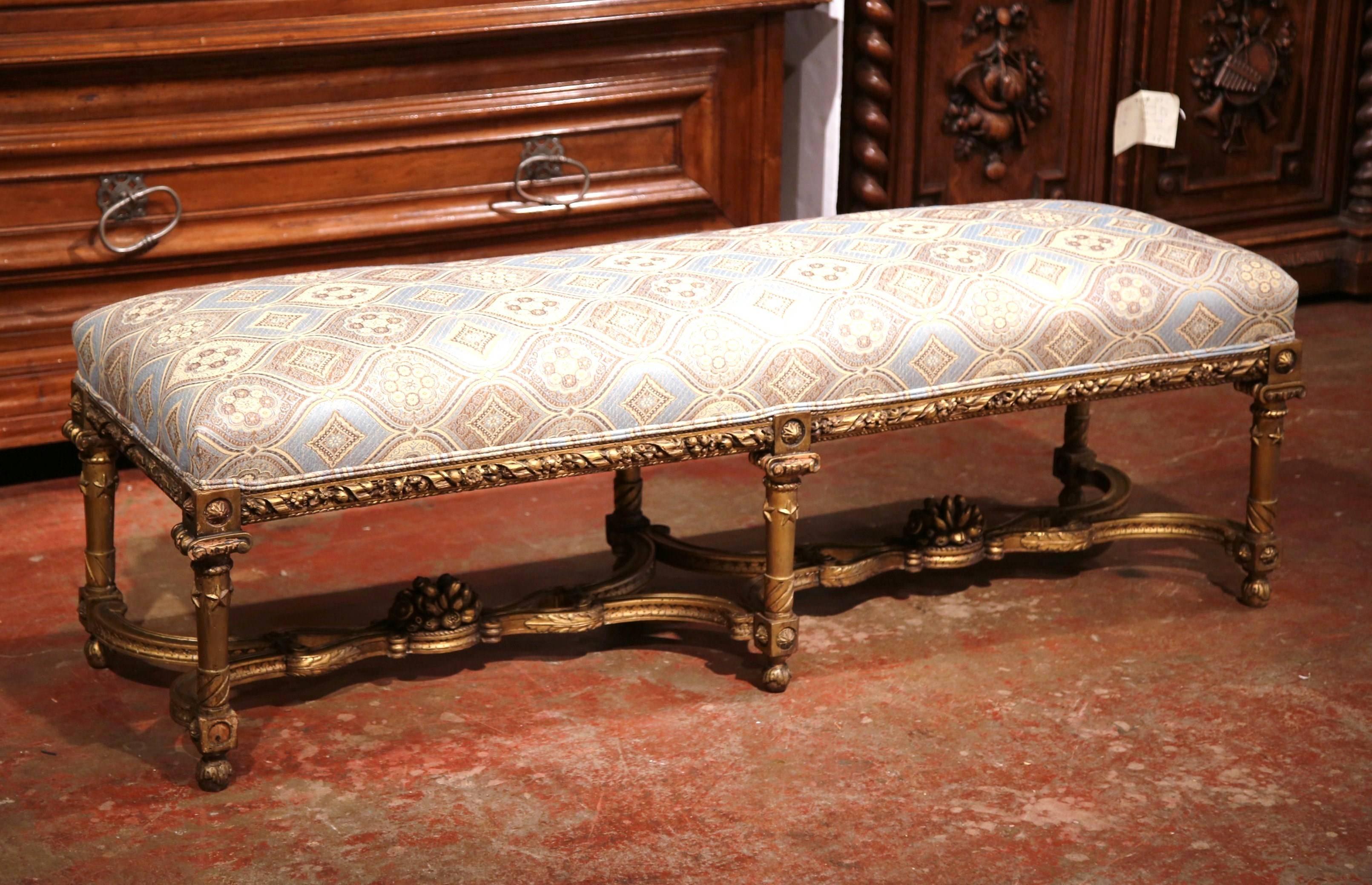 Empire 19th Century French Six-Leg Giltwood Bench with Carved Stretcher and New Fabric