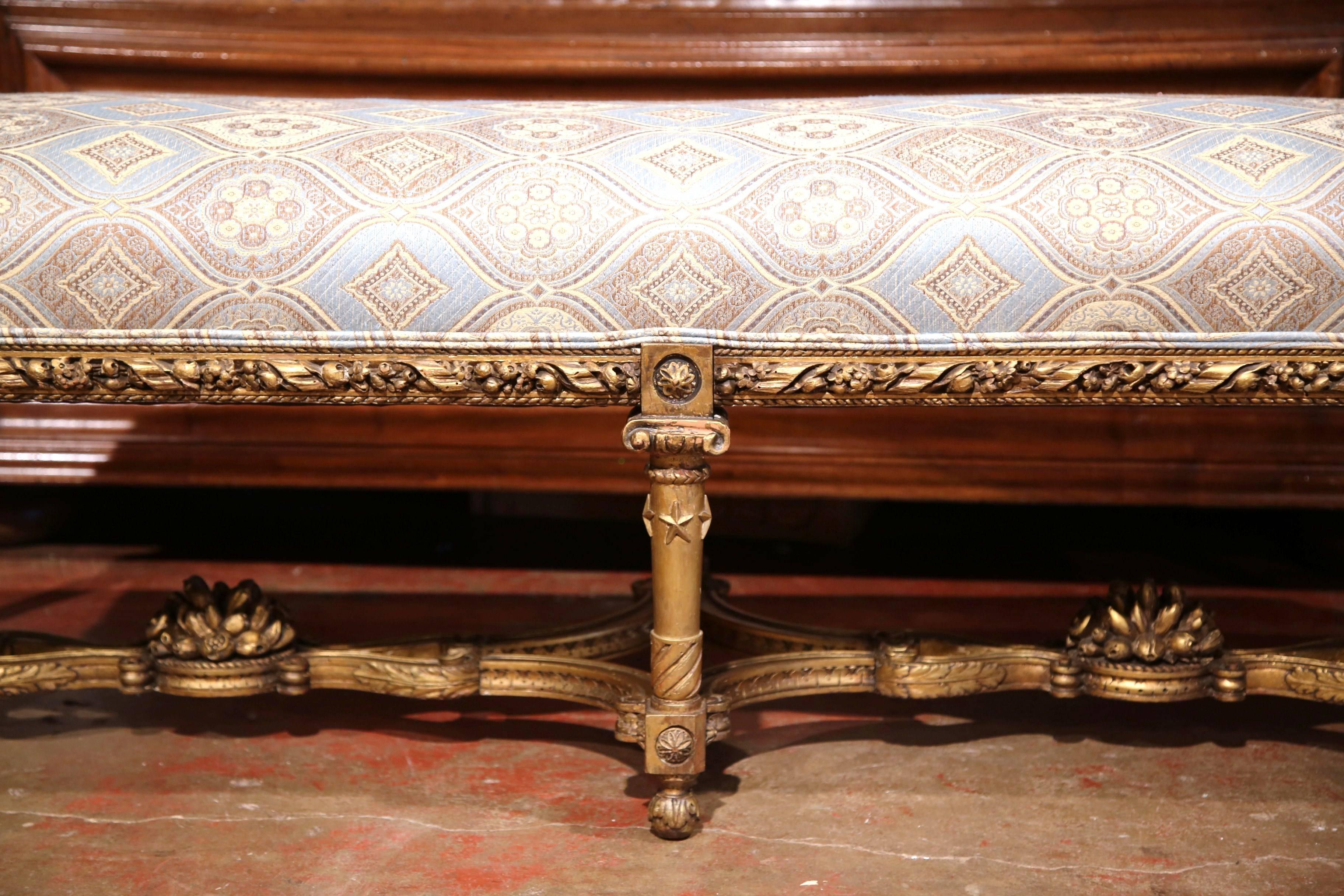Hand-Carved 19th Century French Six-Leg Giltwood Bench with Carved Stretcher and New Fabric