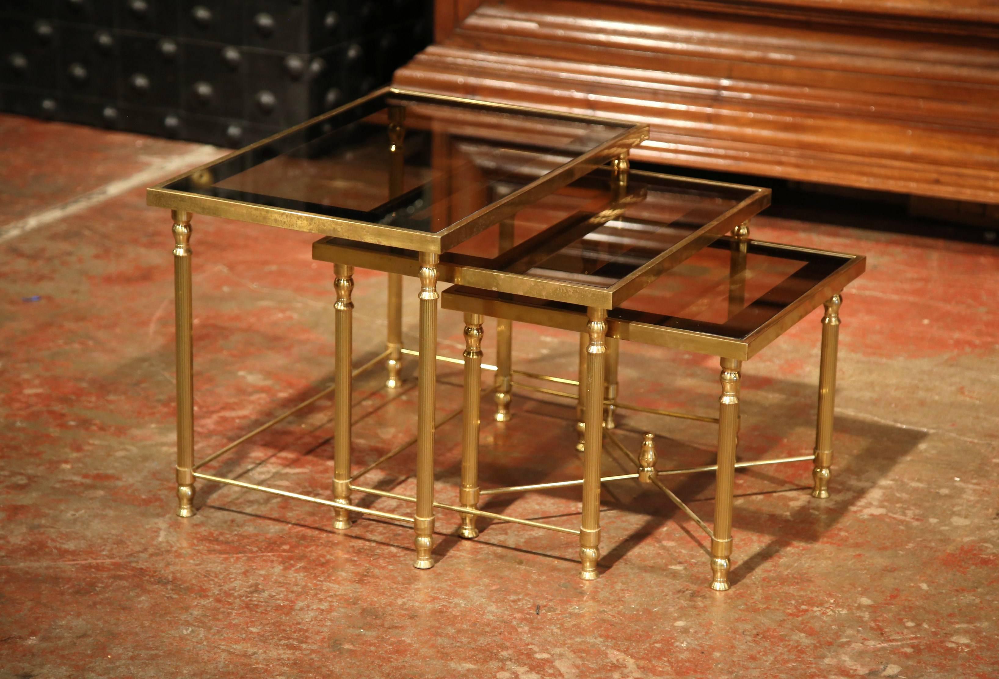 Mid-20th Century French Brass & Glass Nesting Tables Bagues Style, Set of Three 1