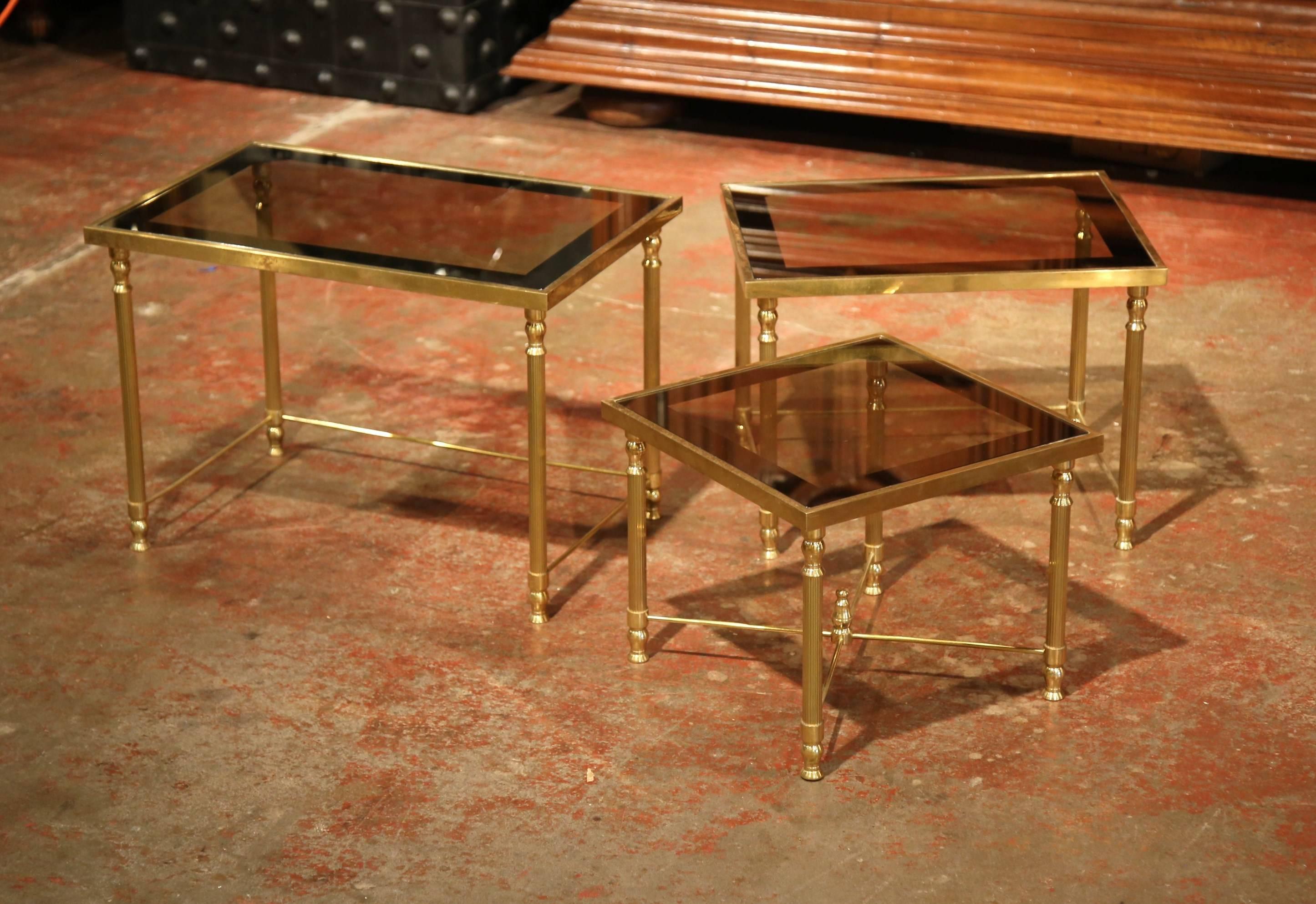 Mid-20th Century French Brass & Glass Nesting Tables Bagues Style, Set of Three 3