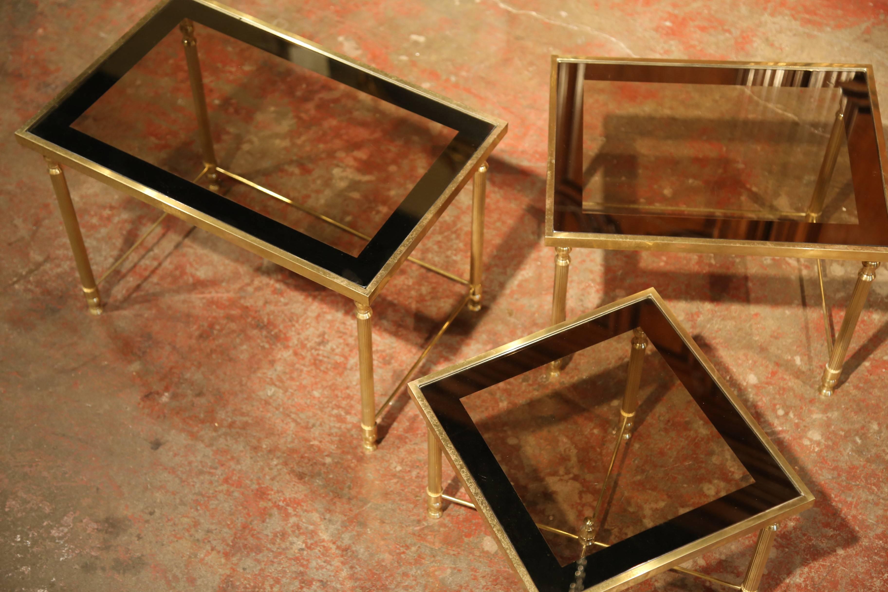 Mid-20th Century French Brass & Glass Nesting Tables Bagues Style, Set of Three In Excellent Condition In Dallas, TX