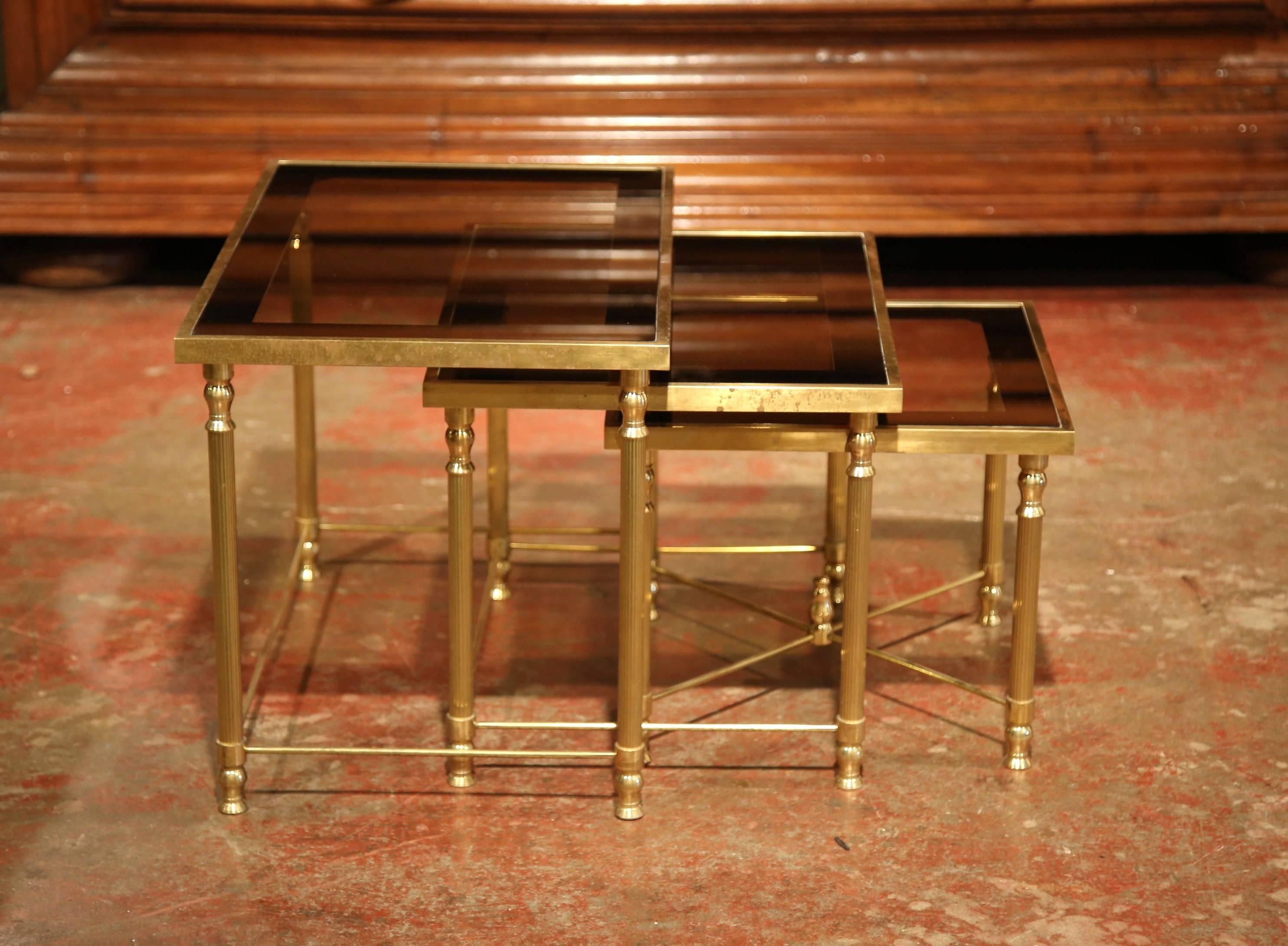 Hand-Crafted Mid-20th Century French Brass & Glass Nesting Tables Bagues Style, Set of Three