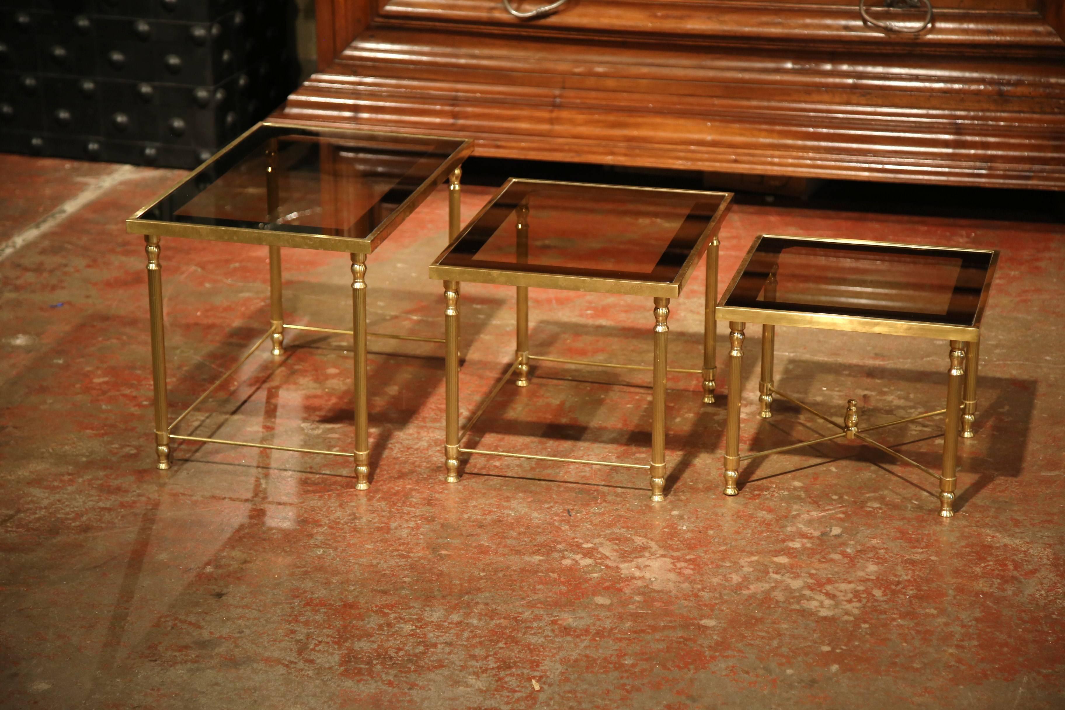 Mid-20th Century French Brass & Glass Nesting Tables Bagues Style, Set of Three 2