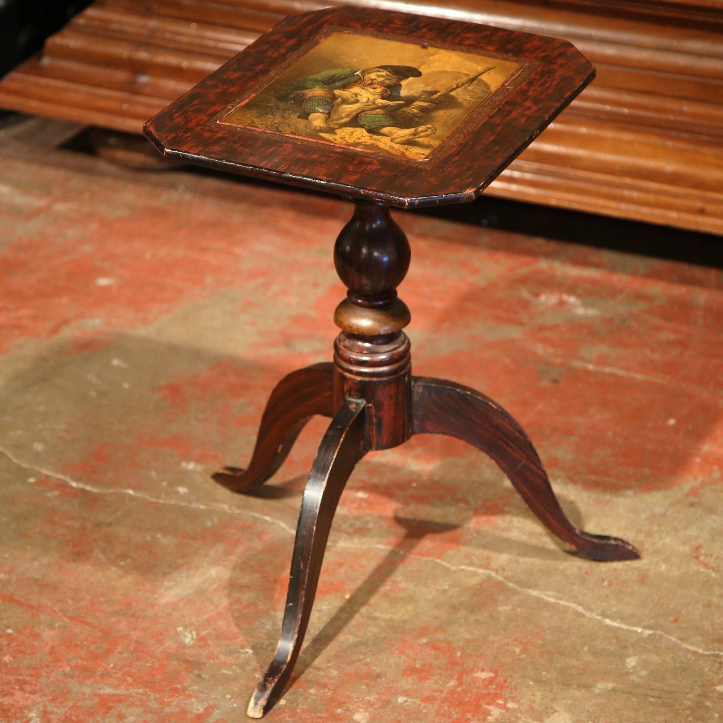 19th Century English Carved Mahogany Tea Table with Painted Scene on the Top 1