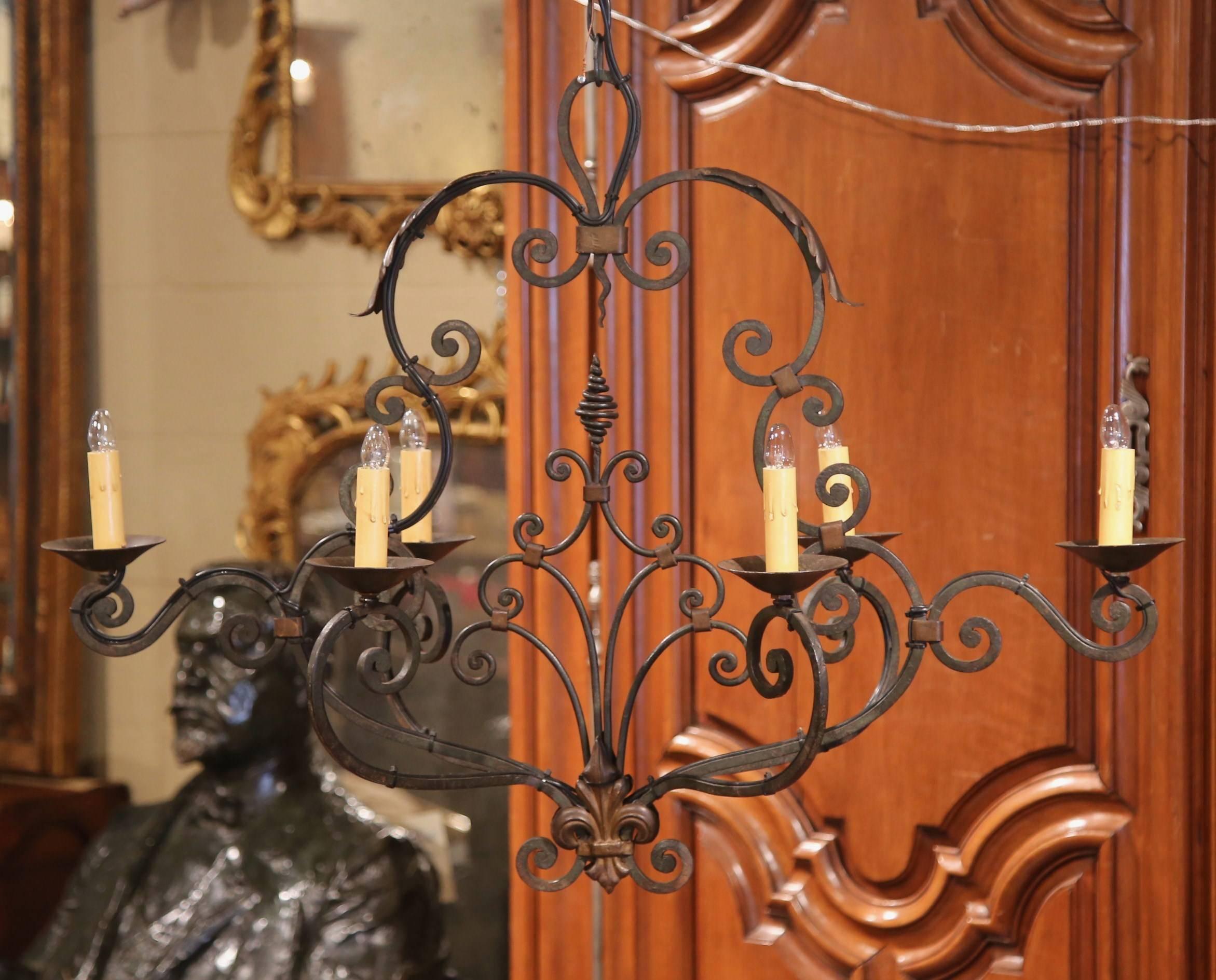 Hand-Crafted Early 20th Century French Painted Six-Light Iron Chandelier with Fleur-de-Lys