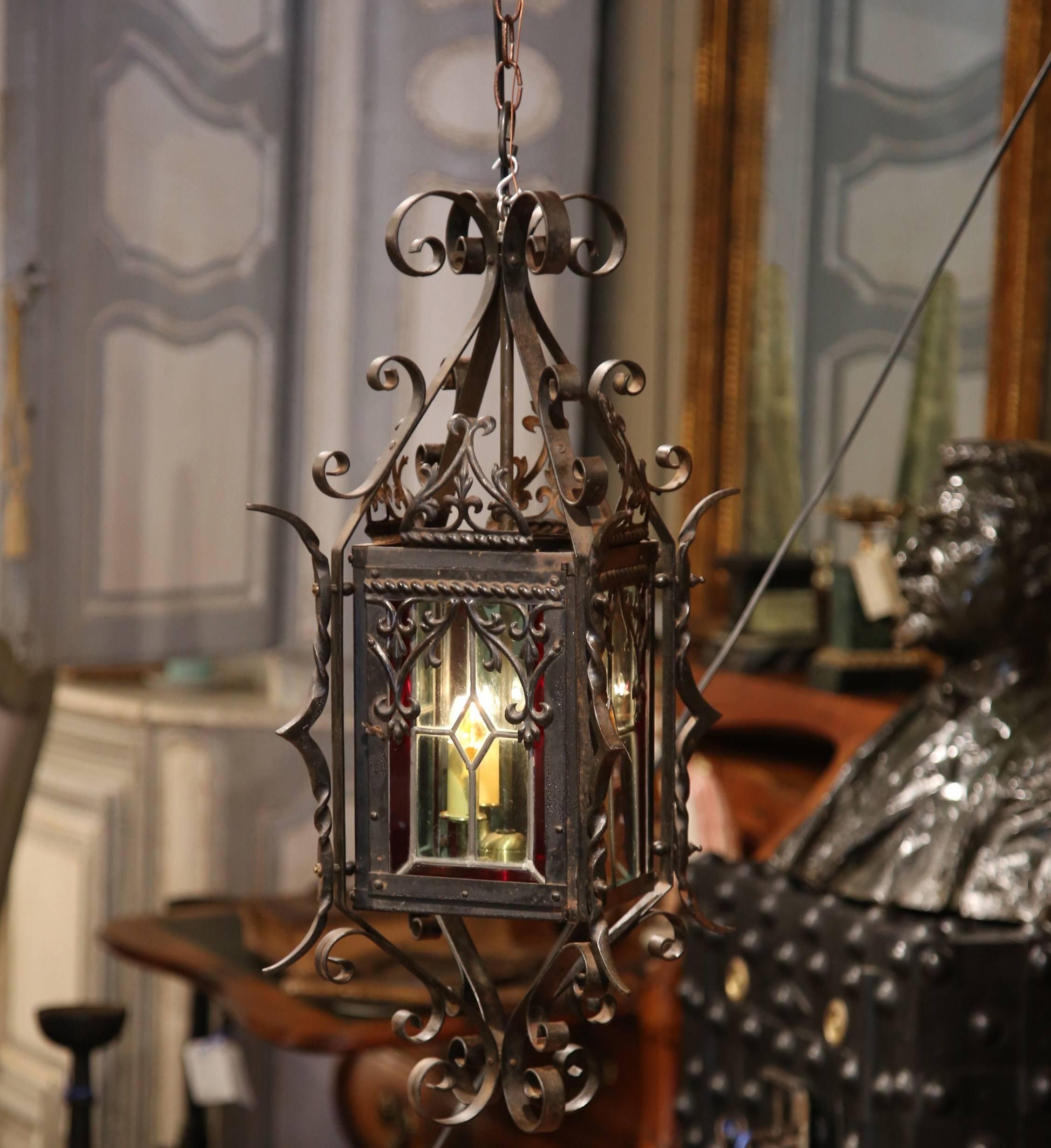 19th Century French Napoleon III Black Iron and Stained Glass Lantern In Excellent Condition In Dallas, TX