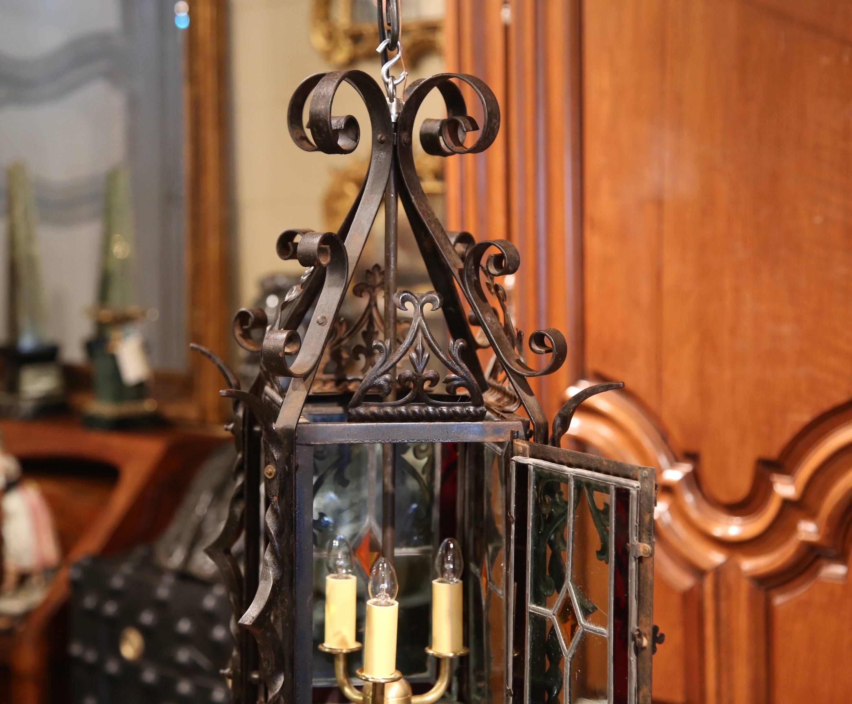 19th Century French Napoleon III Black Iron and Stained Glass Lantern 3