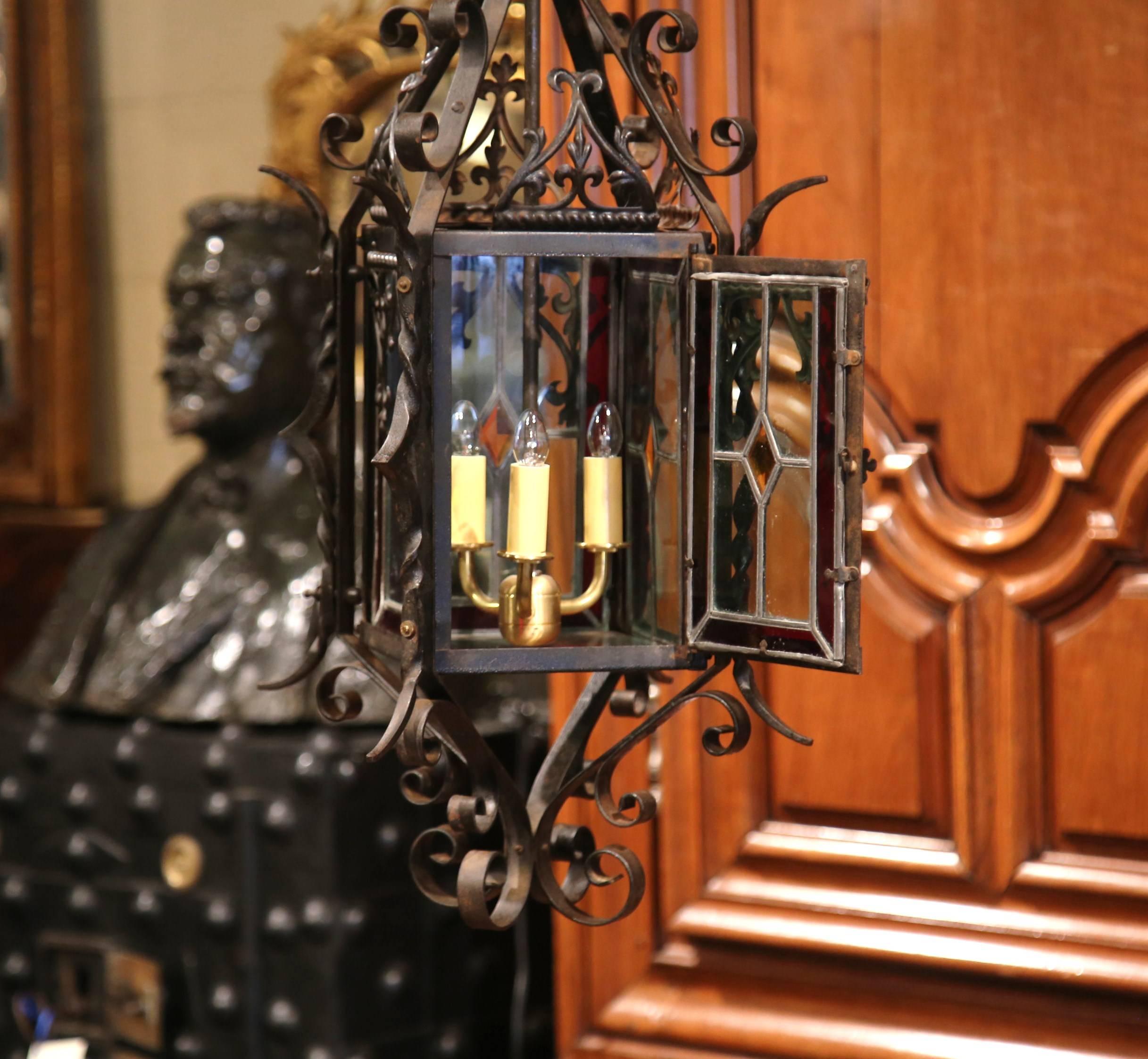 19th Century French Napoleon III Black Iron and Stained Glass Lantern 2