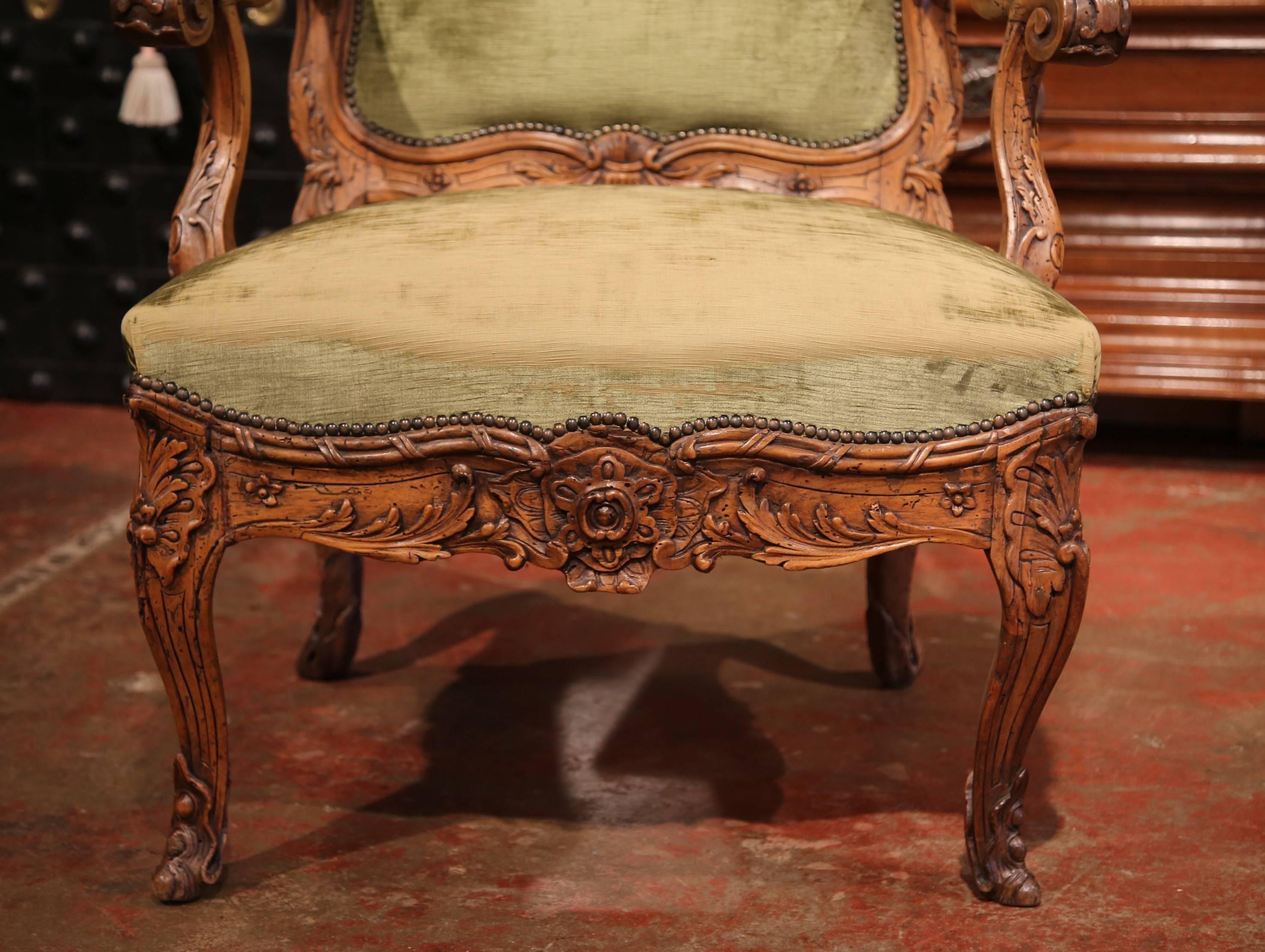 Hand-Carved 19th Century French Louis XV Carved Walnut Desk Armchair and Green Velvet Fabric