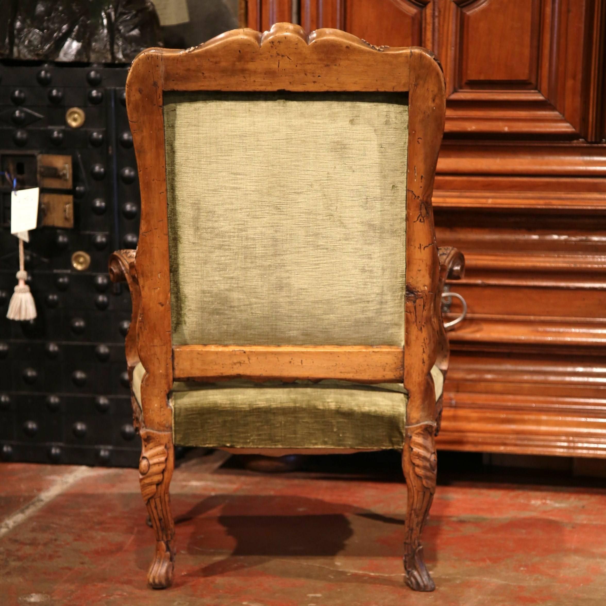 19th Century French Louis XV Carved Walnut Desk Armchair and Green Velvet Fabric 5
