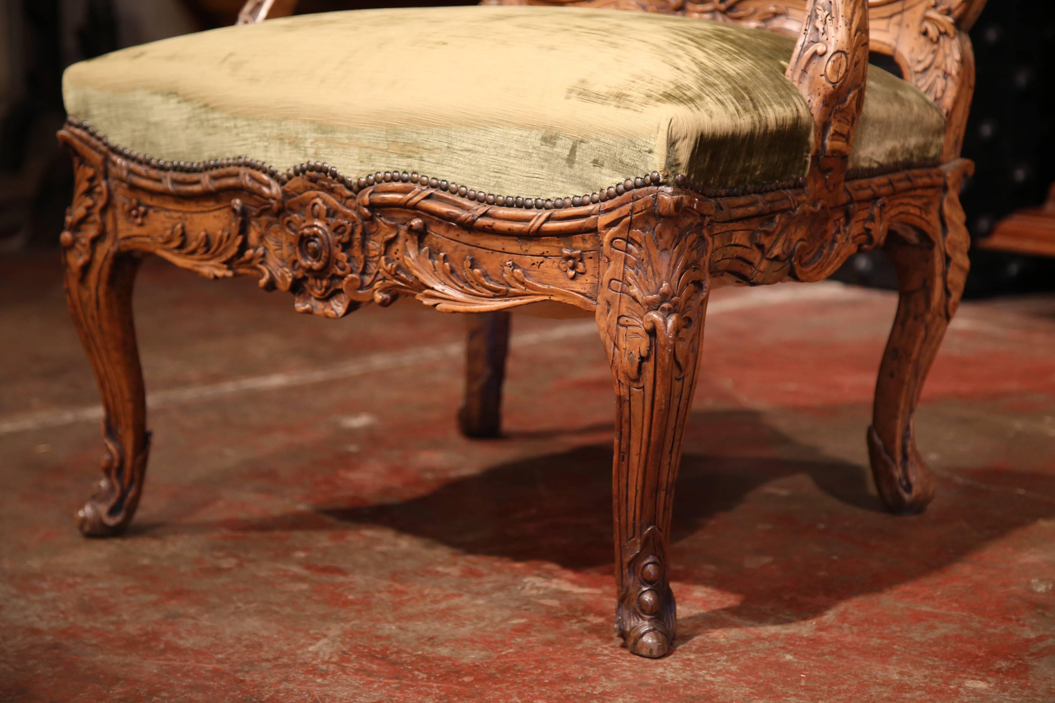 19th Century French Louis XV Carved Walnut Desk Armchair and Green Velvet Fabric 2