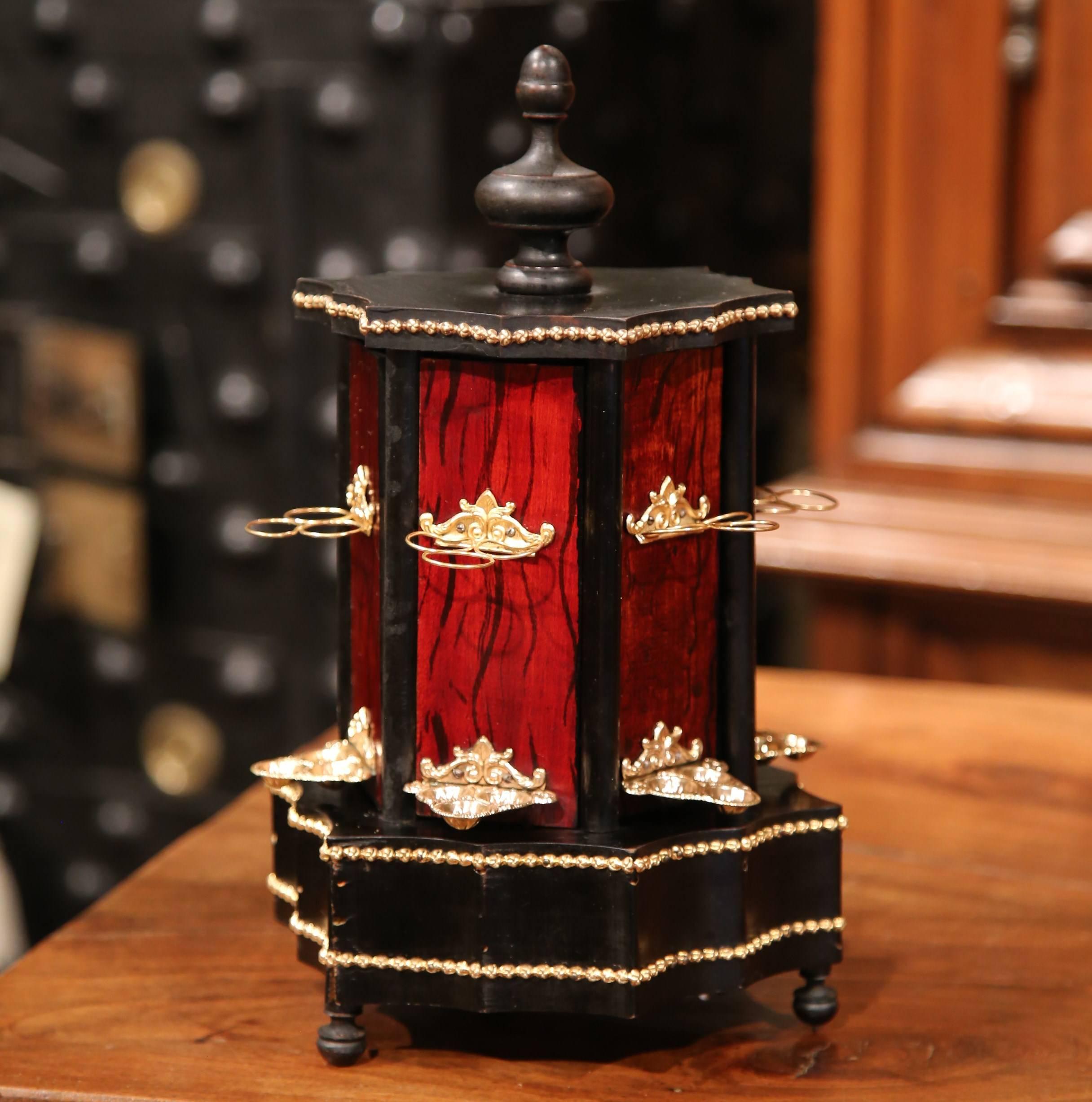 Hand-Crafted 19th Century French Twelve-Cigar Holder Box with Brass Mounts and Music Box