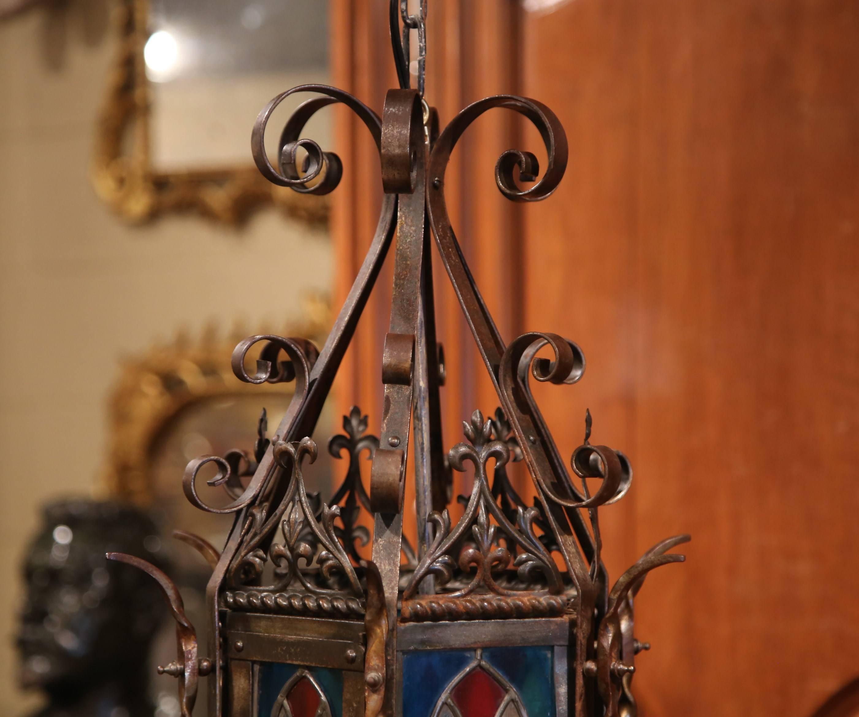 19th Century French Napoleon III Hexagonal Iron Lantern with Stained Glass In Excellent Condition In Dallas, TX