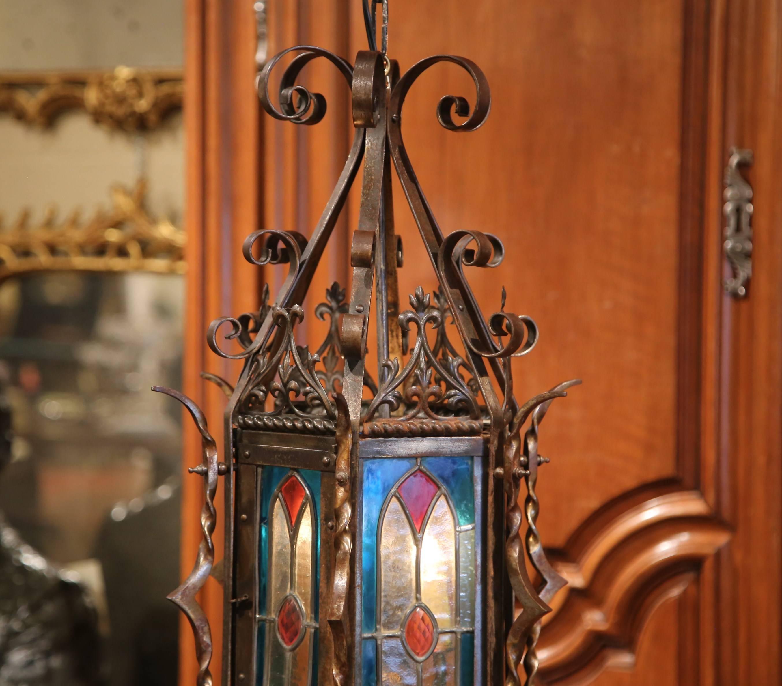 Hand-Crafted 19th Century French Napoleon III Hexagonal Iron Lantern with Stained Glass