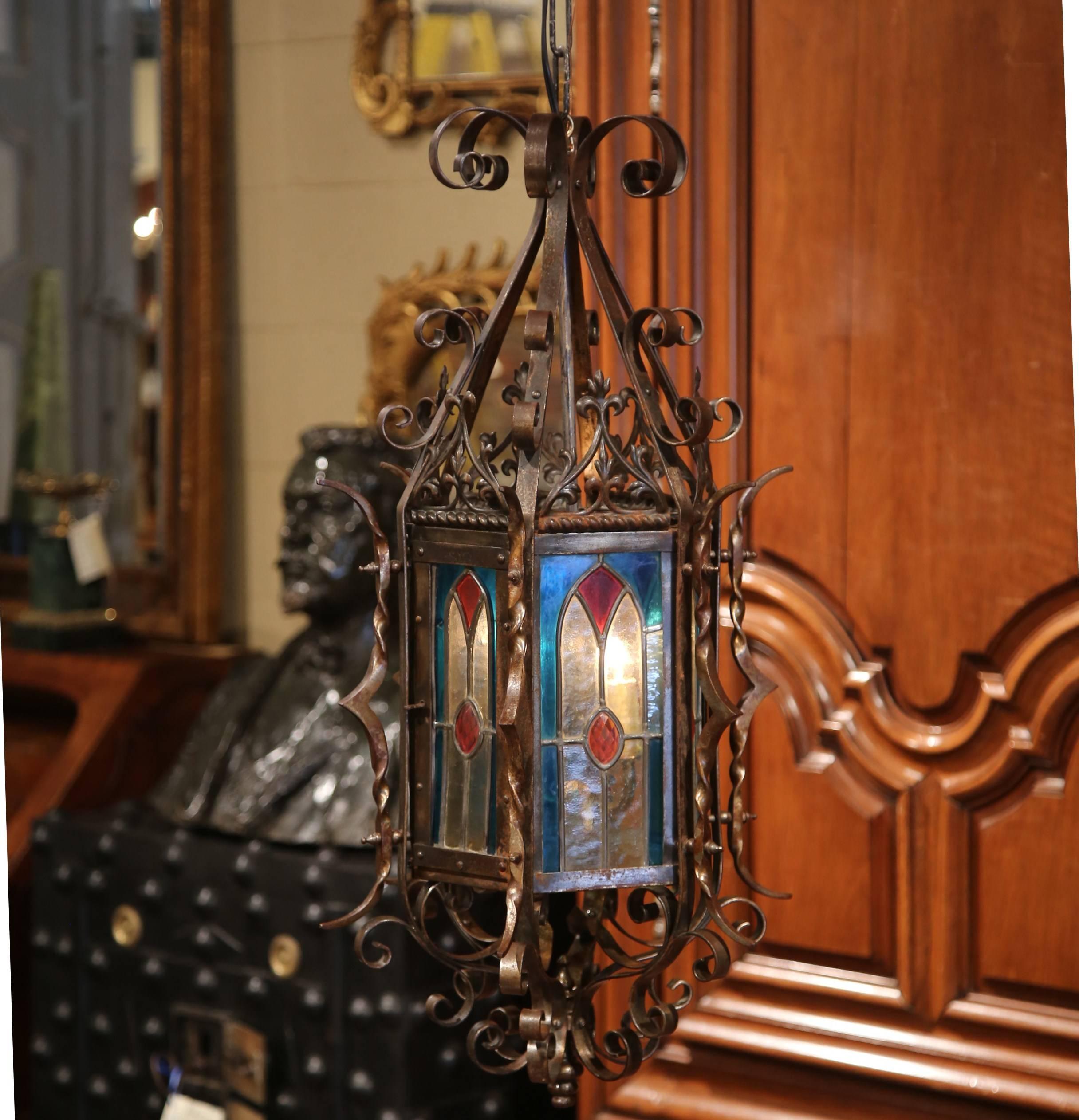 19th Century French Napoleon III Hexagonal Iron Lantern with Stained Glass 1