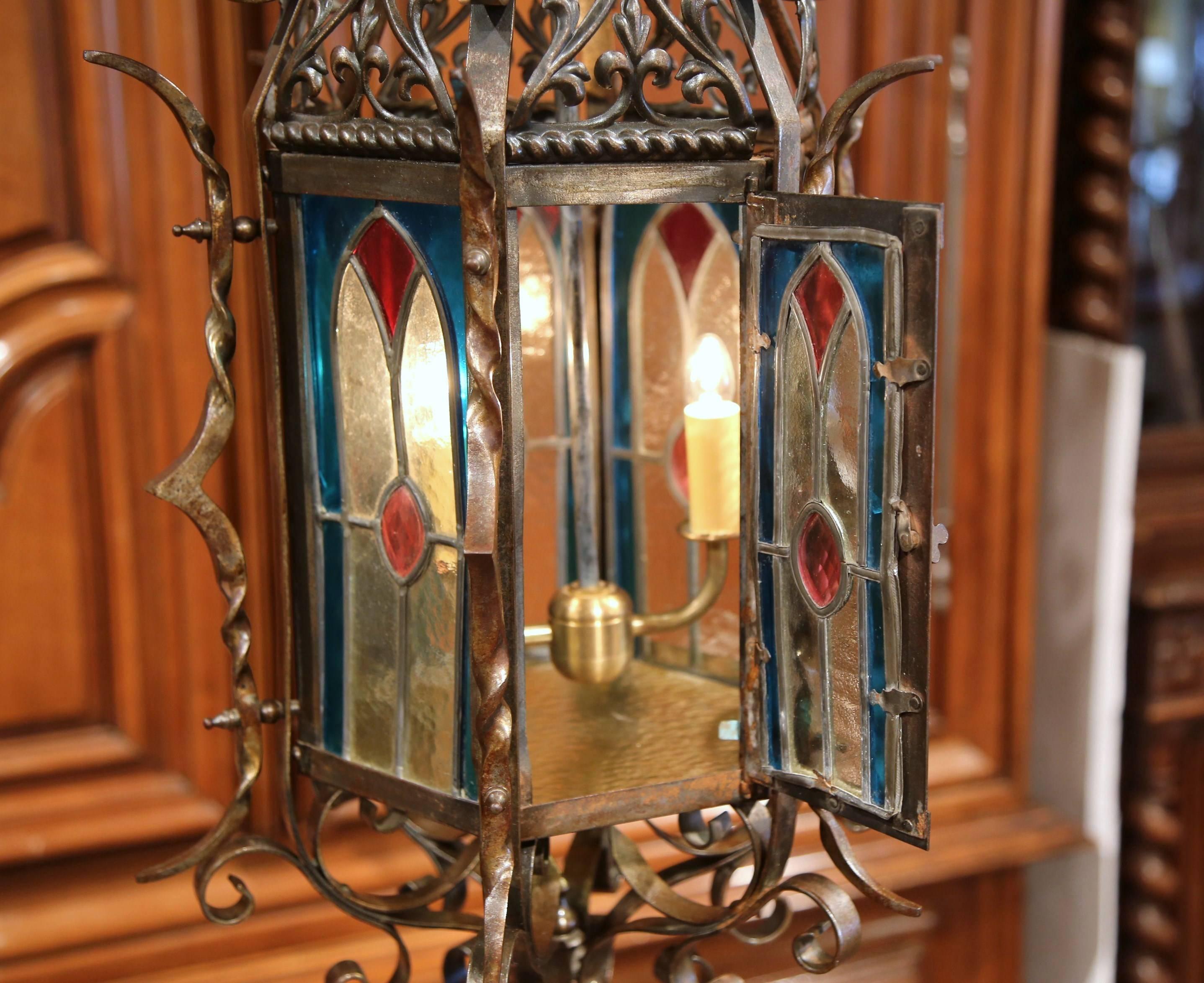 19th Century French Napoleon III Hexagonal Iron Lantern with Stained Glass 3