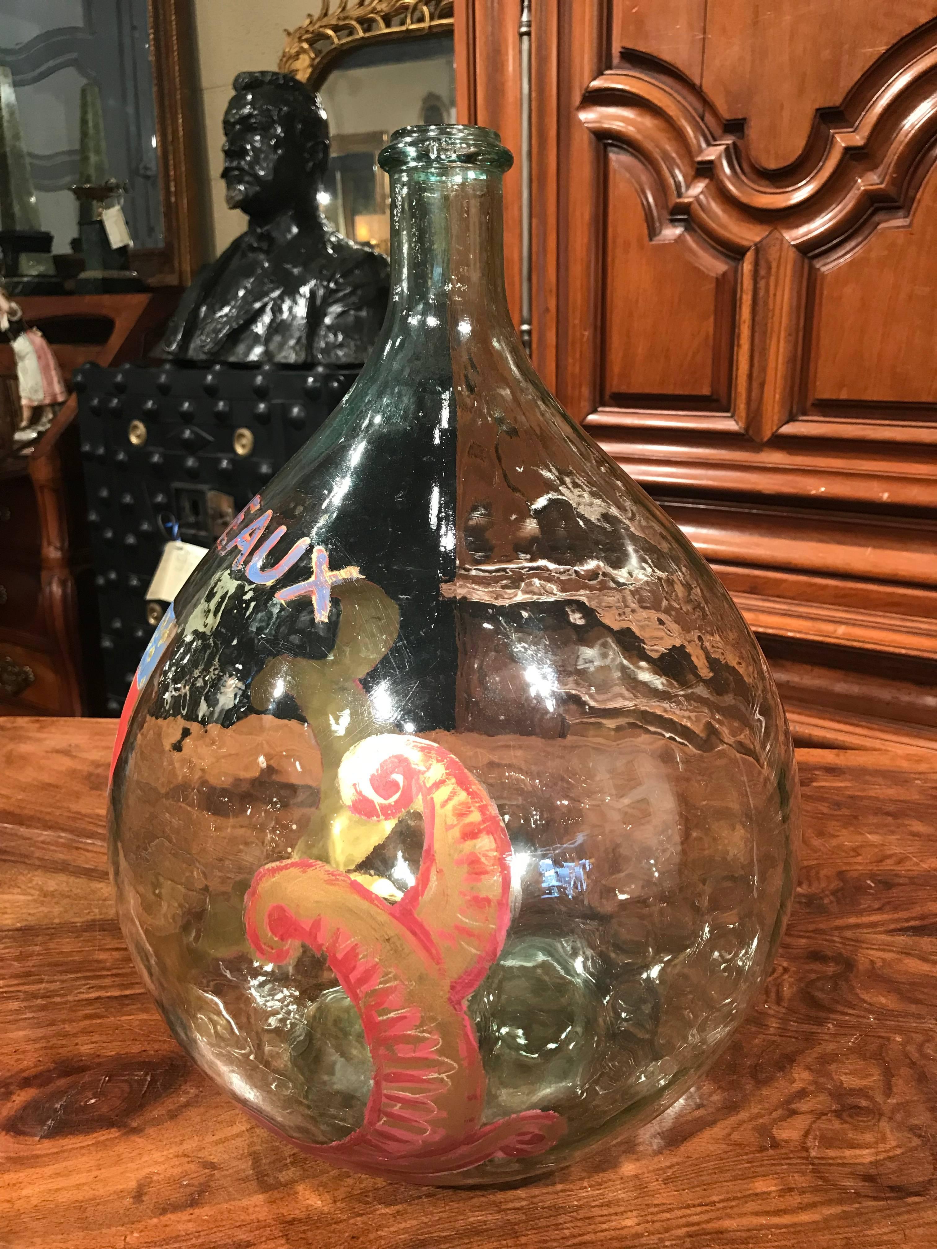 Hand-Crafted French Hand Blown Glass Wine Bottle with Hand Painted Coat of Arms of Bordeaux