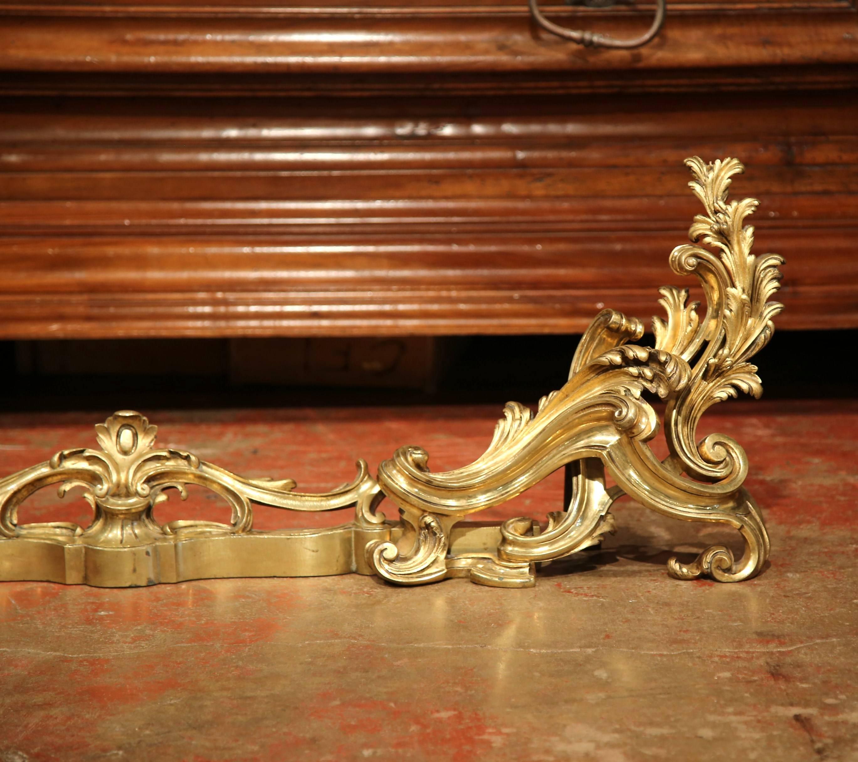 Hand-Crafted Pair of 19th Century French Gilt Bronze Chenets with Matching Fender