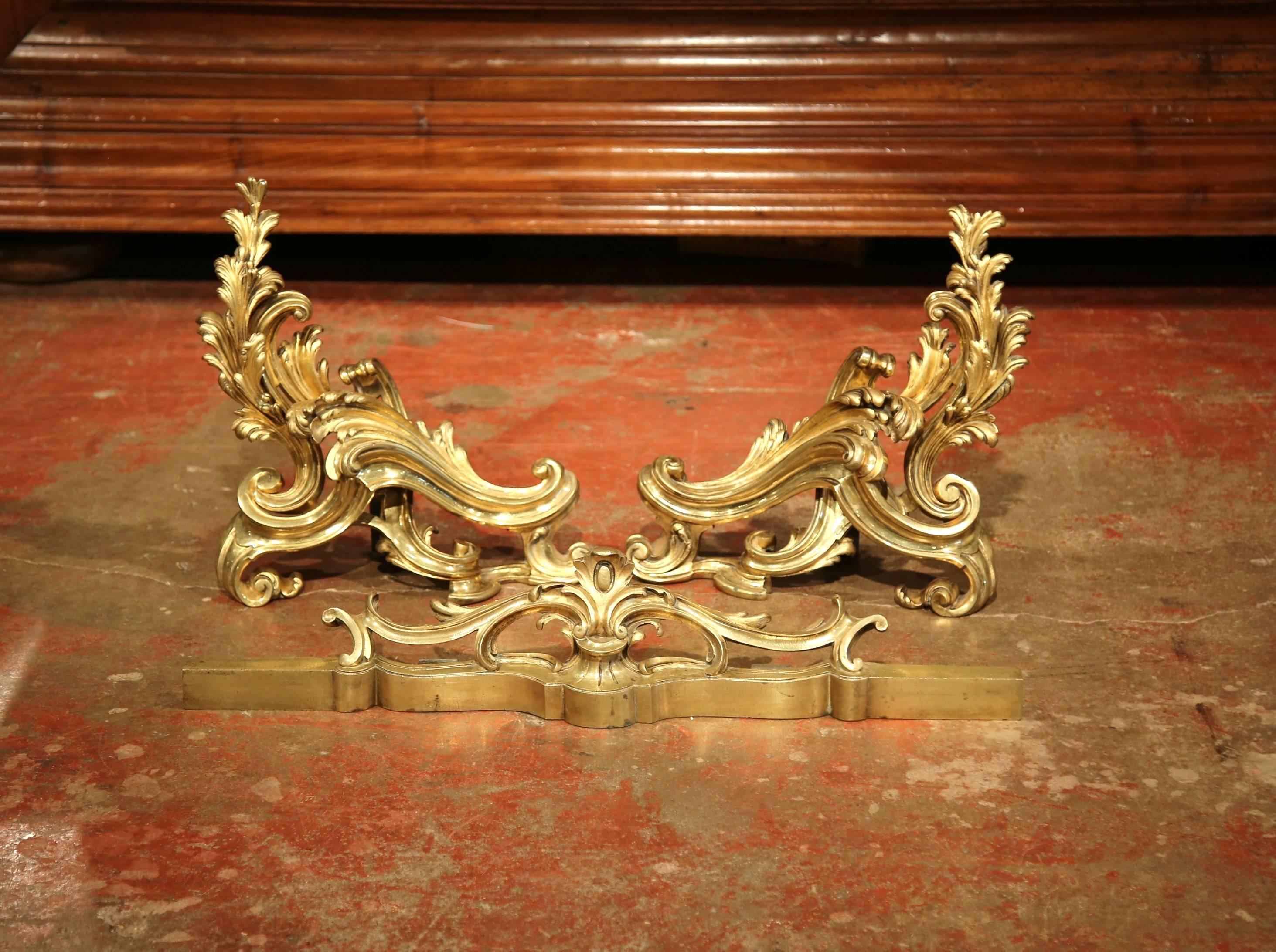 Pair of 19th Century French Gilt Bronze Chenets with Matching Fender 1