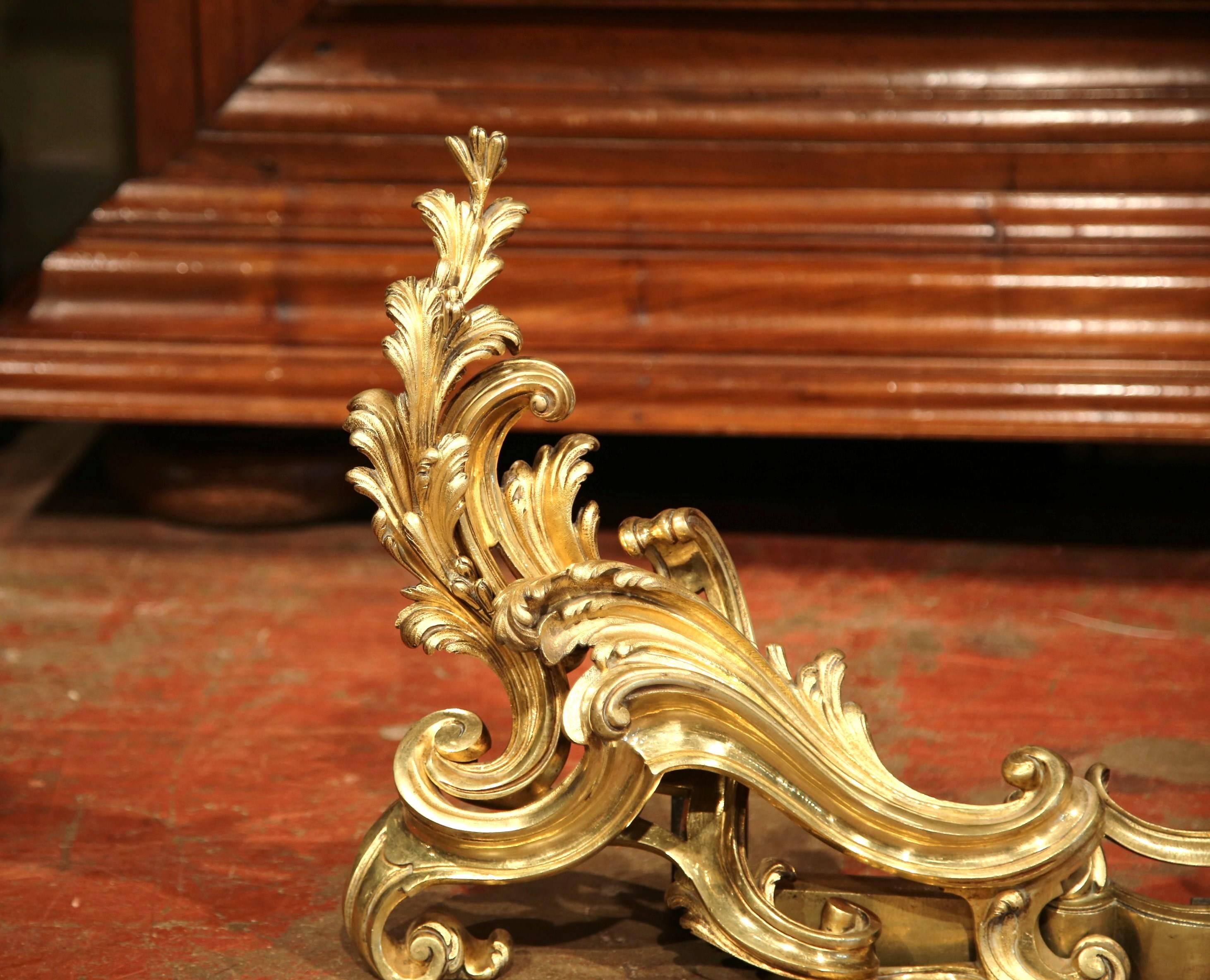 Pair of 19th Century French Gilt Bronze Chenets with Matching Fender 3