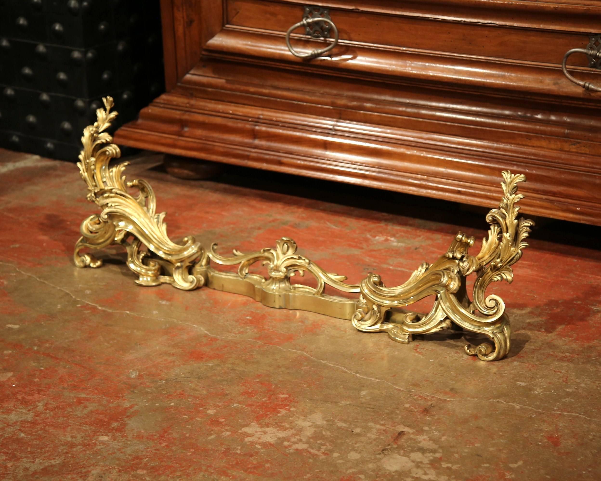 Pair of 19th Century French Gilt Bronze Chenets with Matching Fender 2