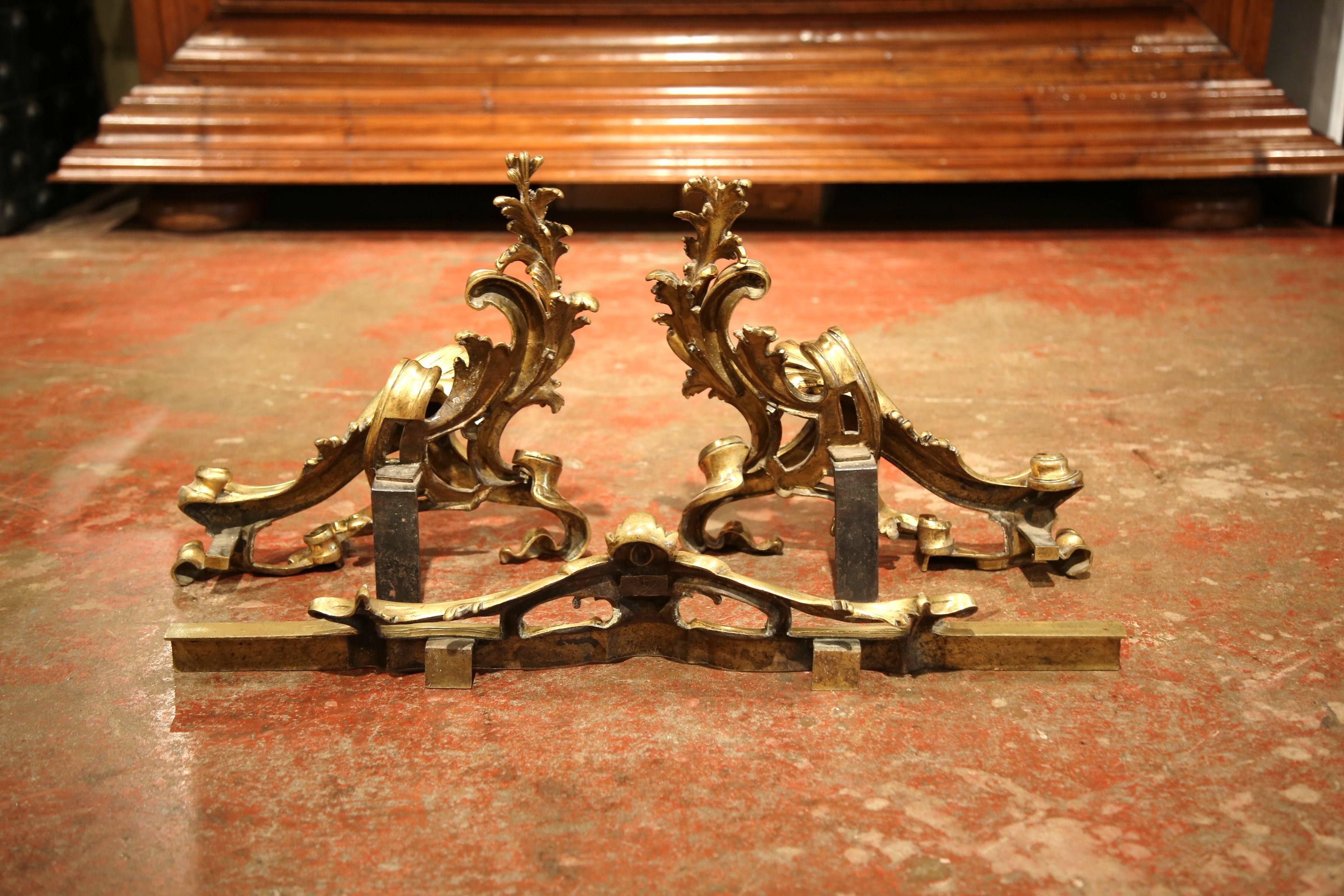 Pair of 19th Century French Gilt Bronze Chenets with Matching Fender 5