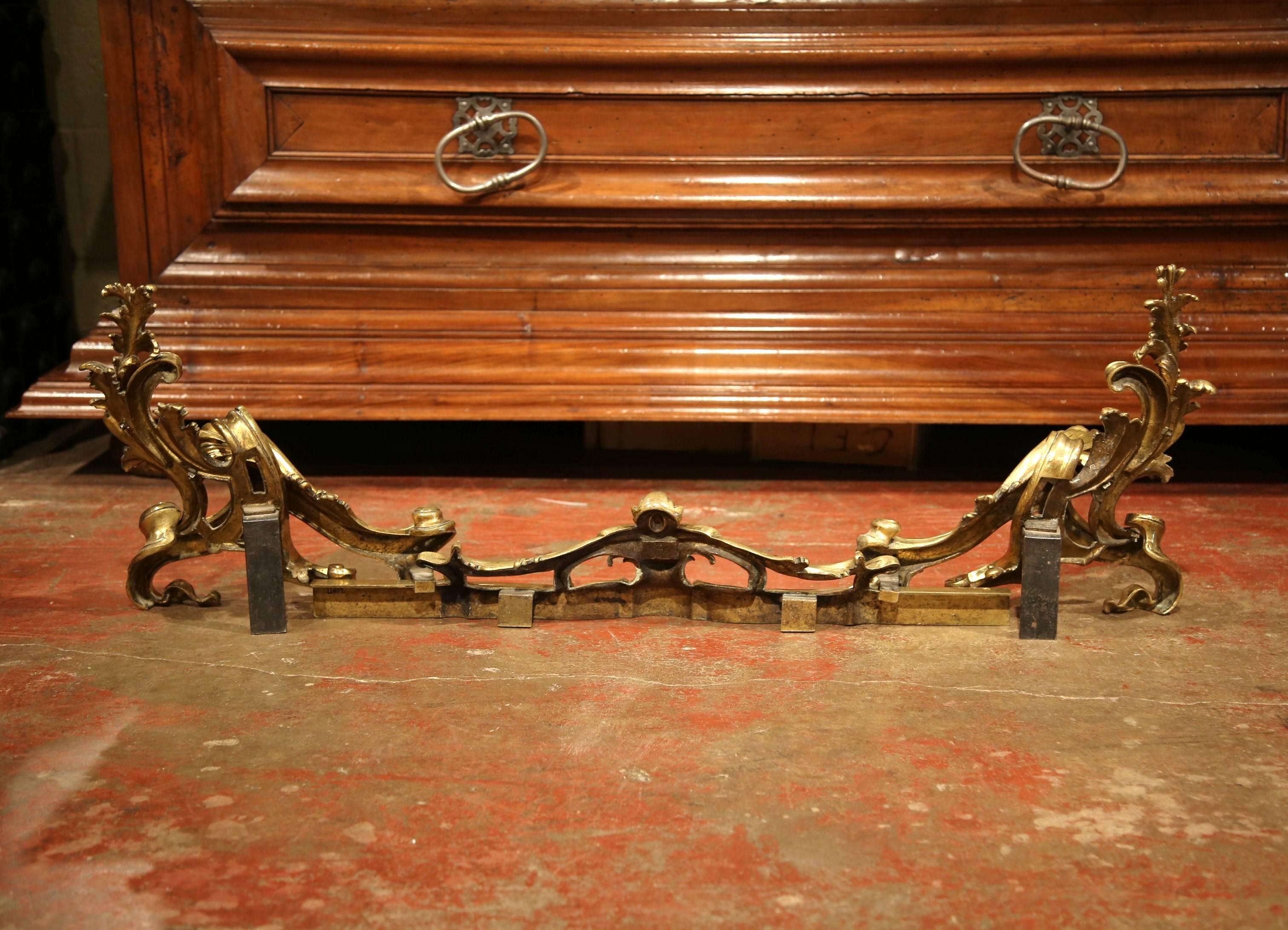 Pair of 19th Century French Gilt Bronze Chenets with Matching Fender 4