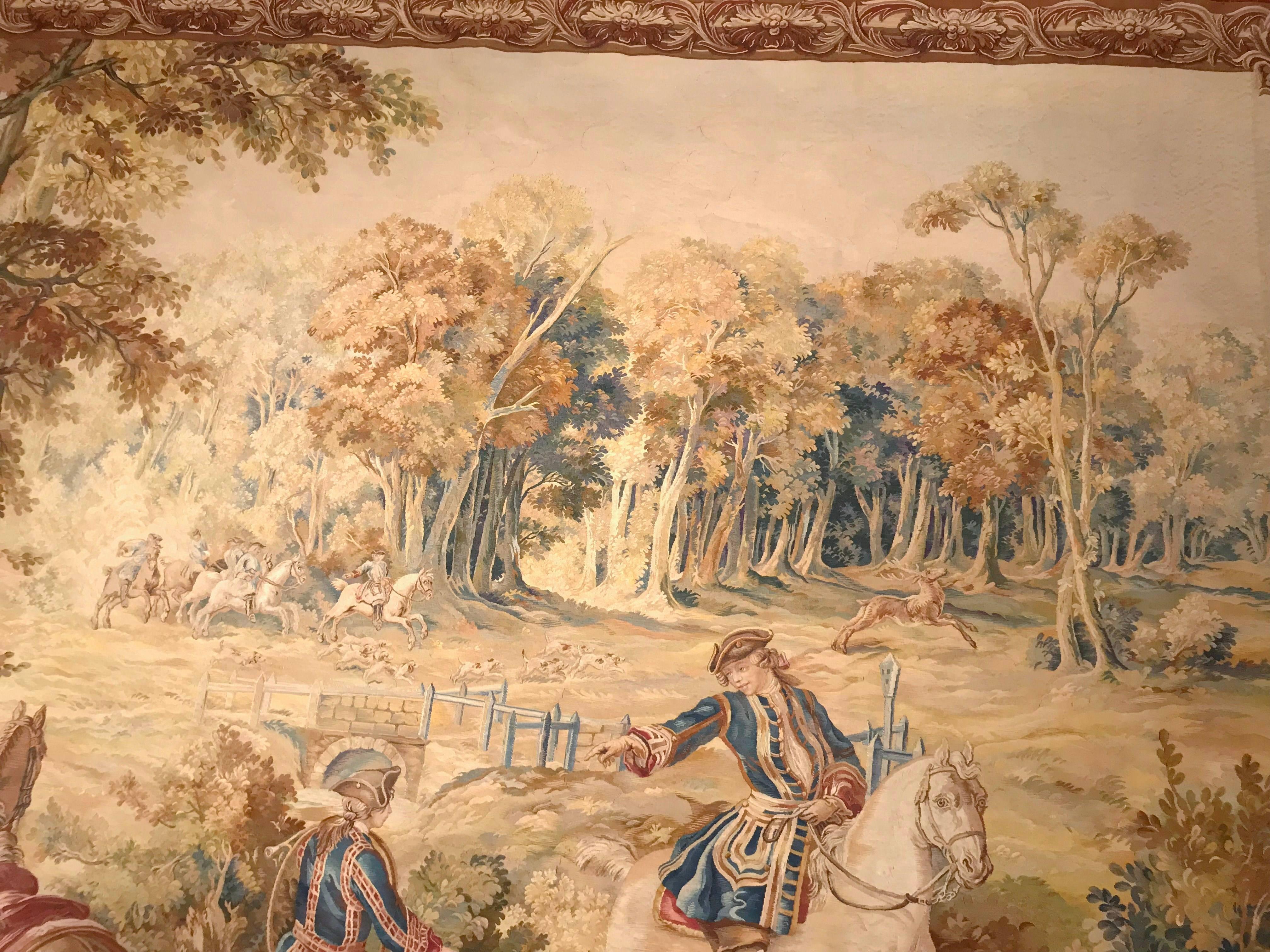 Large 18th Century Hunt Scene Tapestry with Horsemen Dogs and Deer from Brussels In Excellent Condition In Dallas, TX