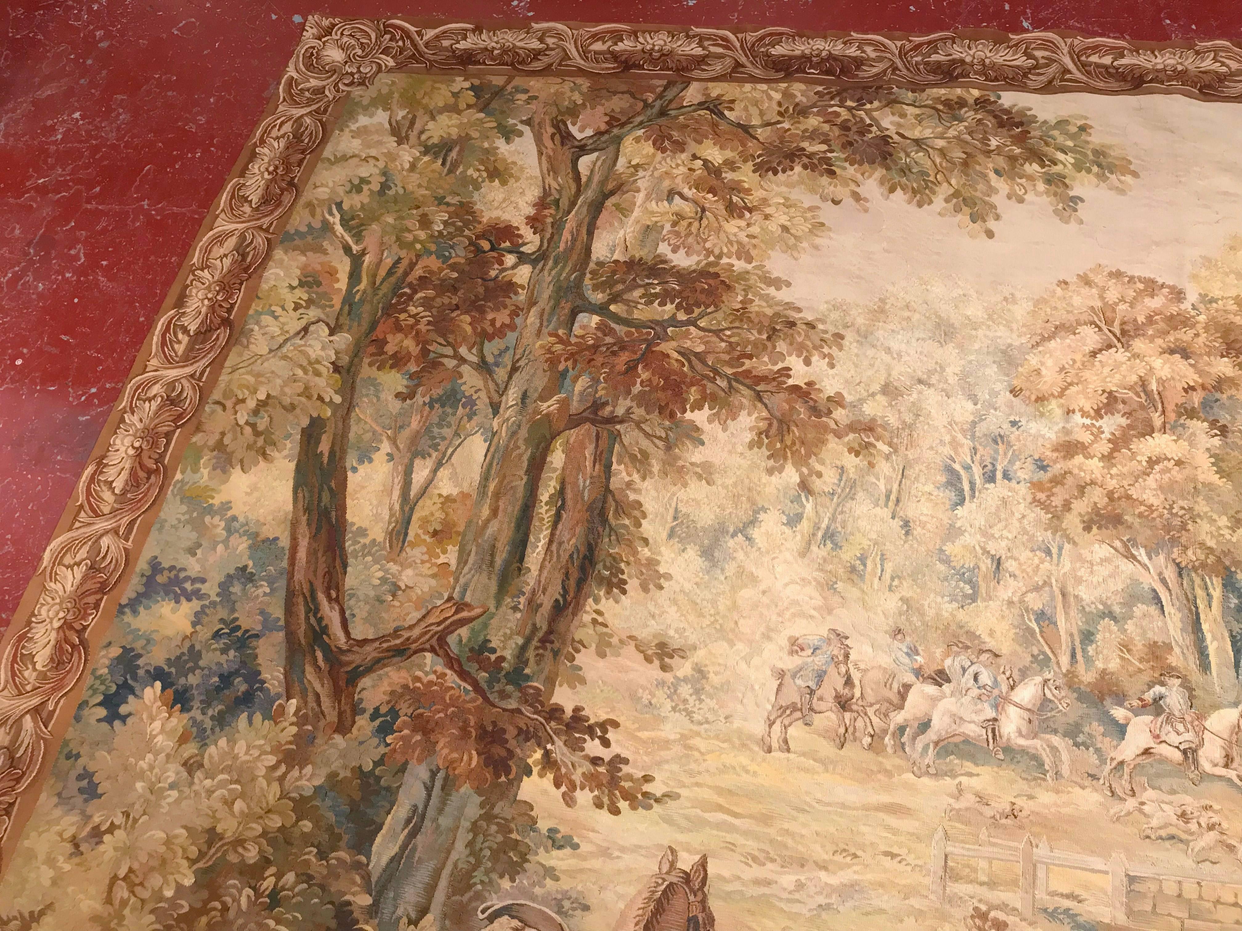 Large 18th Century Hunt Scene Tapestry with Horsemen Dogs and Deer from Brussels 2